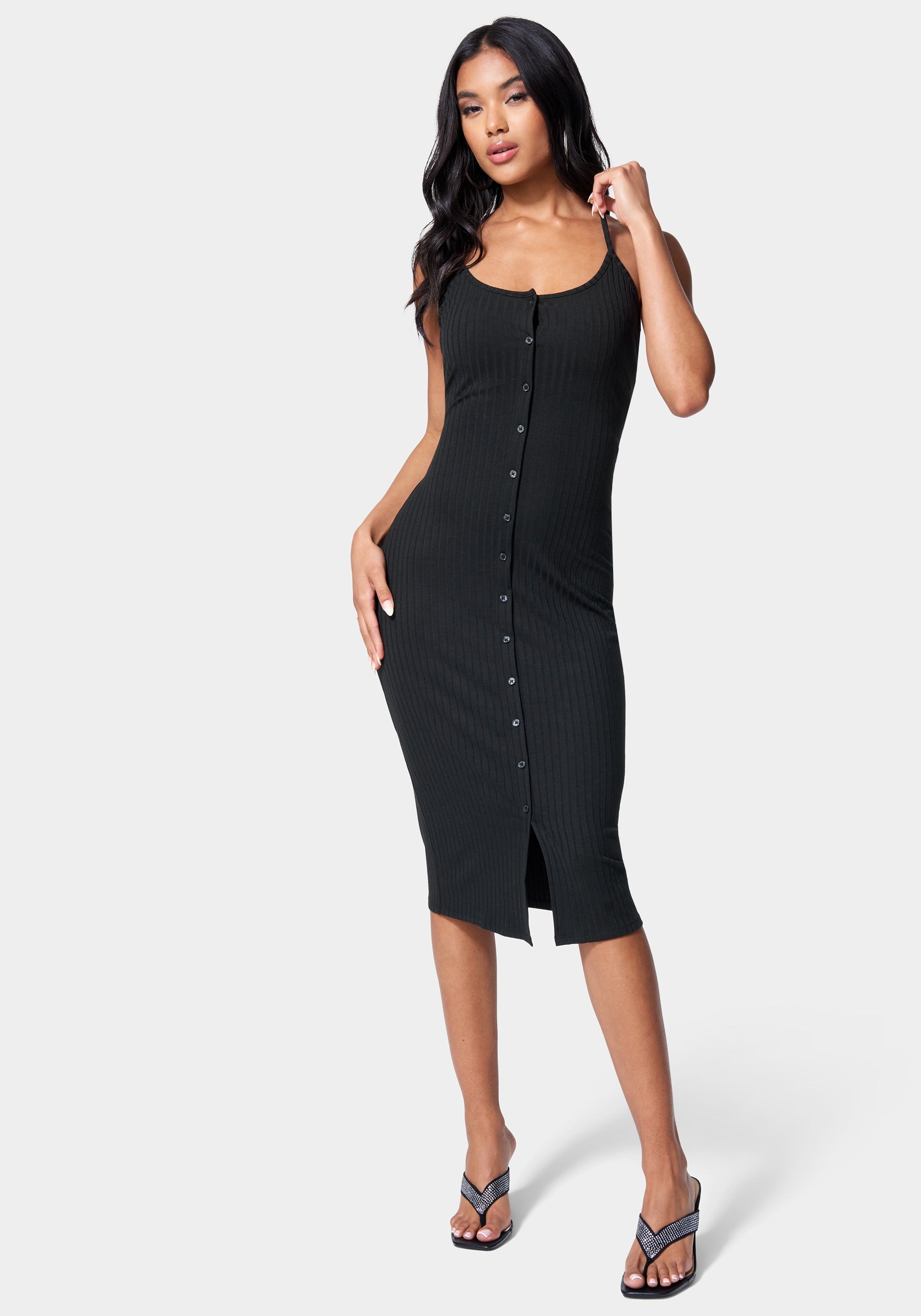 Button Front Rib Midi Dress