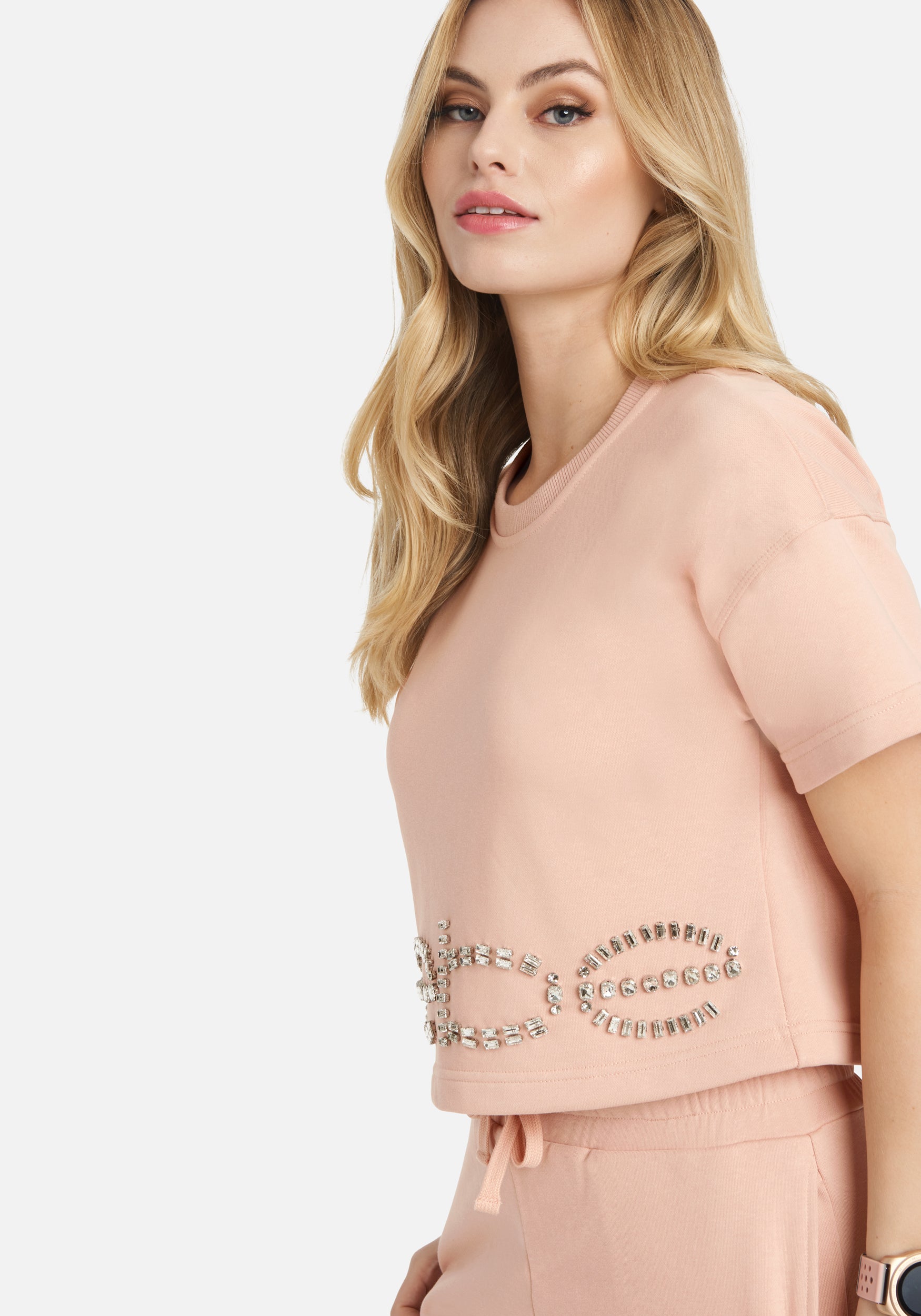 Bebe Rhinestone Logo French Terry Crop Top