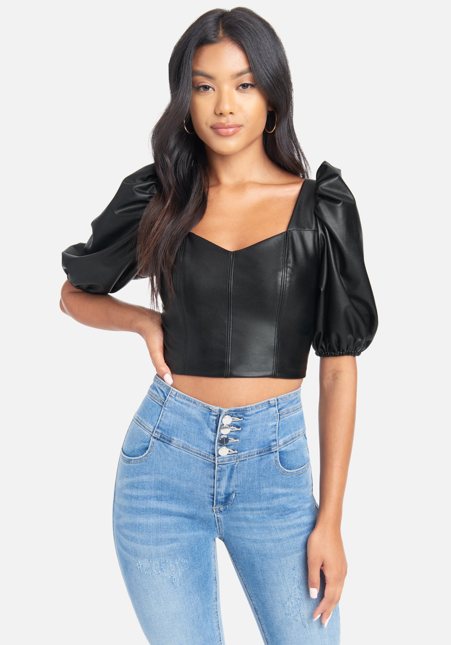 Puff Sleeve Vegan Leather Crop Top