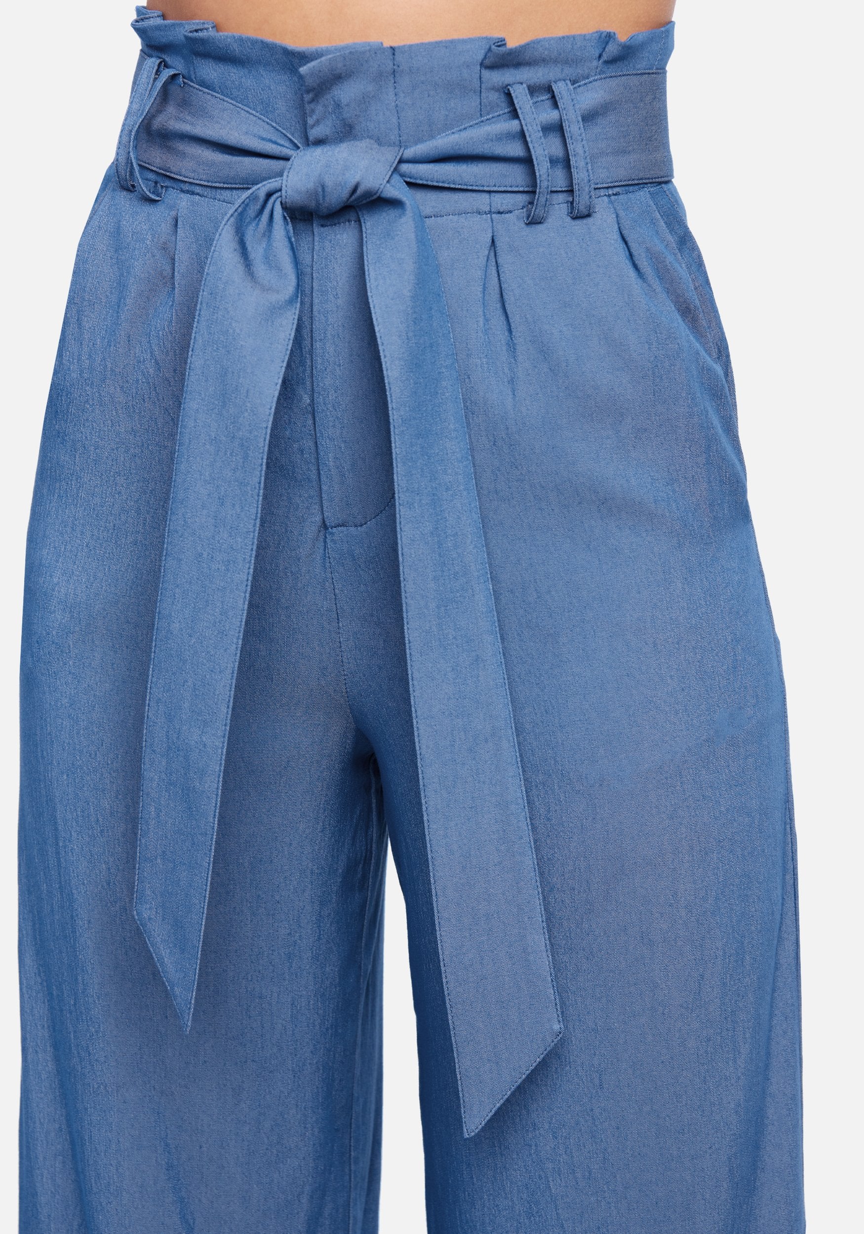 High Waist Front Tie Wide Leg Chambray Pants
