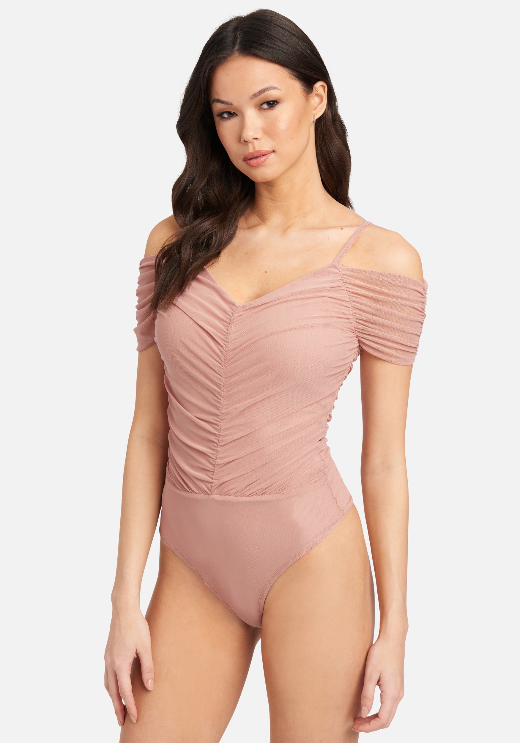 Ruched Cold Shoulder Mesh Bodysuit