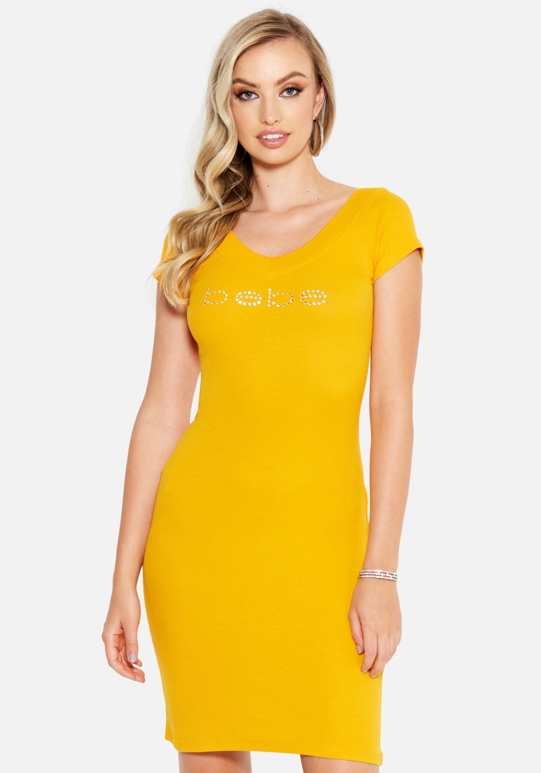 Crystal Logo Short Sleeve Double V-Neck Dress