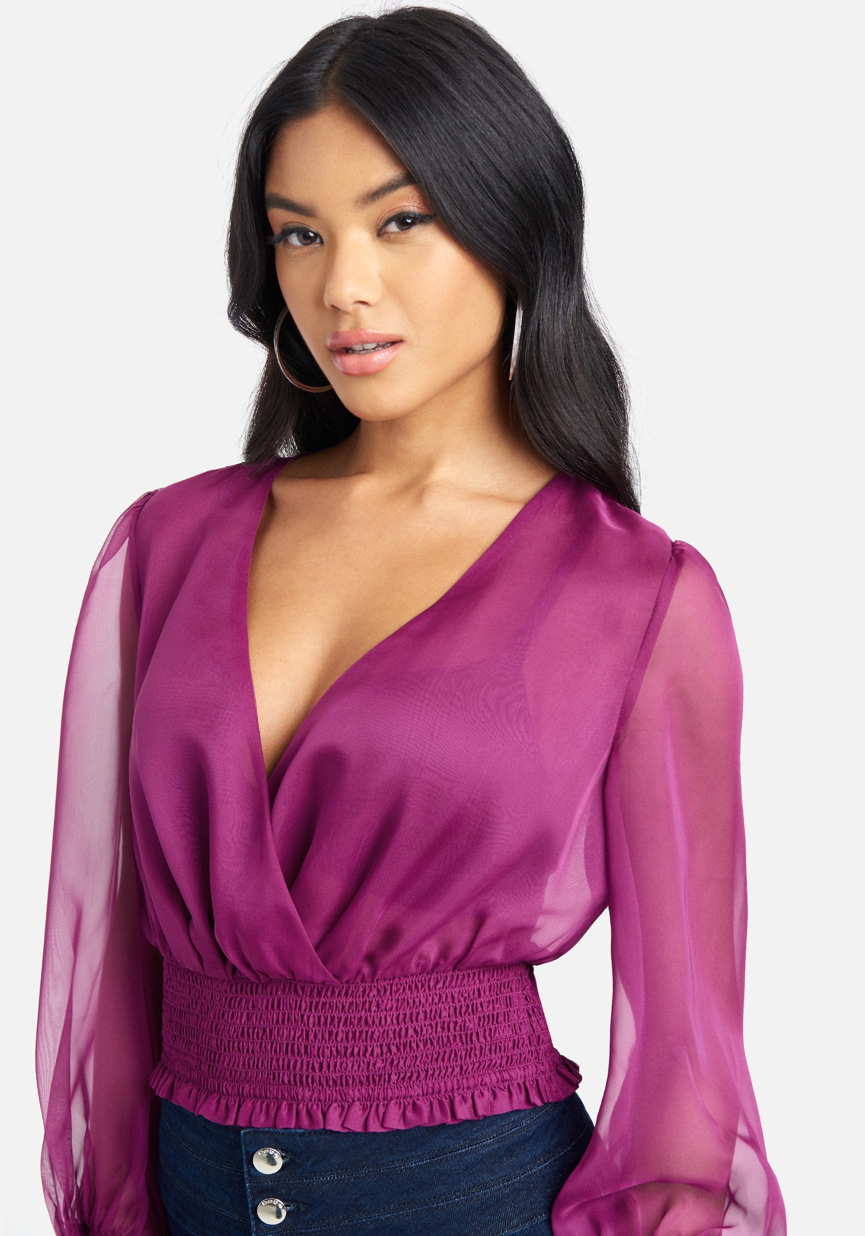 Long Sleeve Surplice Woven Top