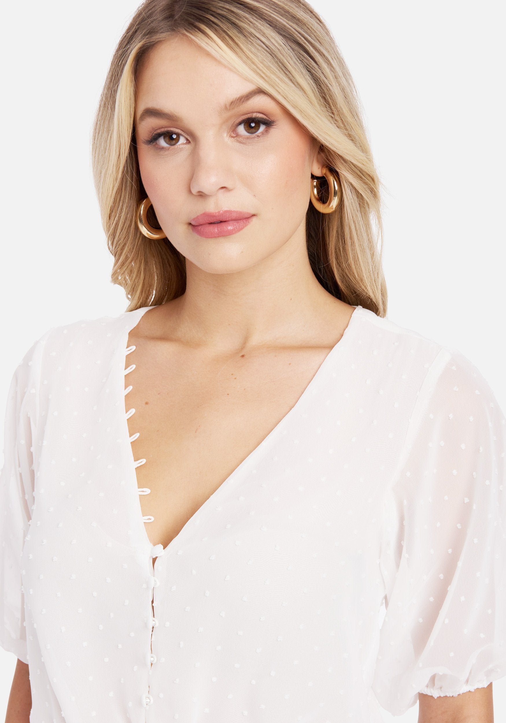 Swiss Dot Multi Button Smocked Hem Blouse