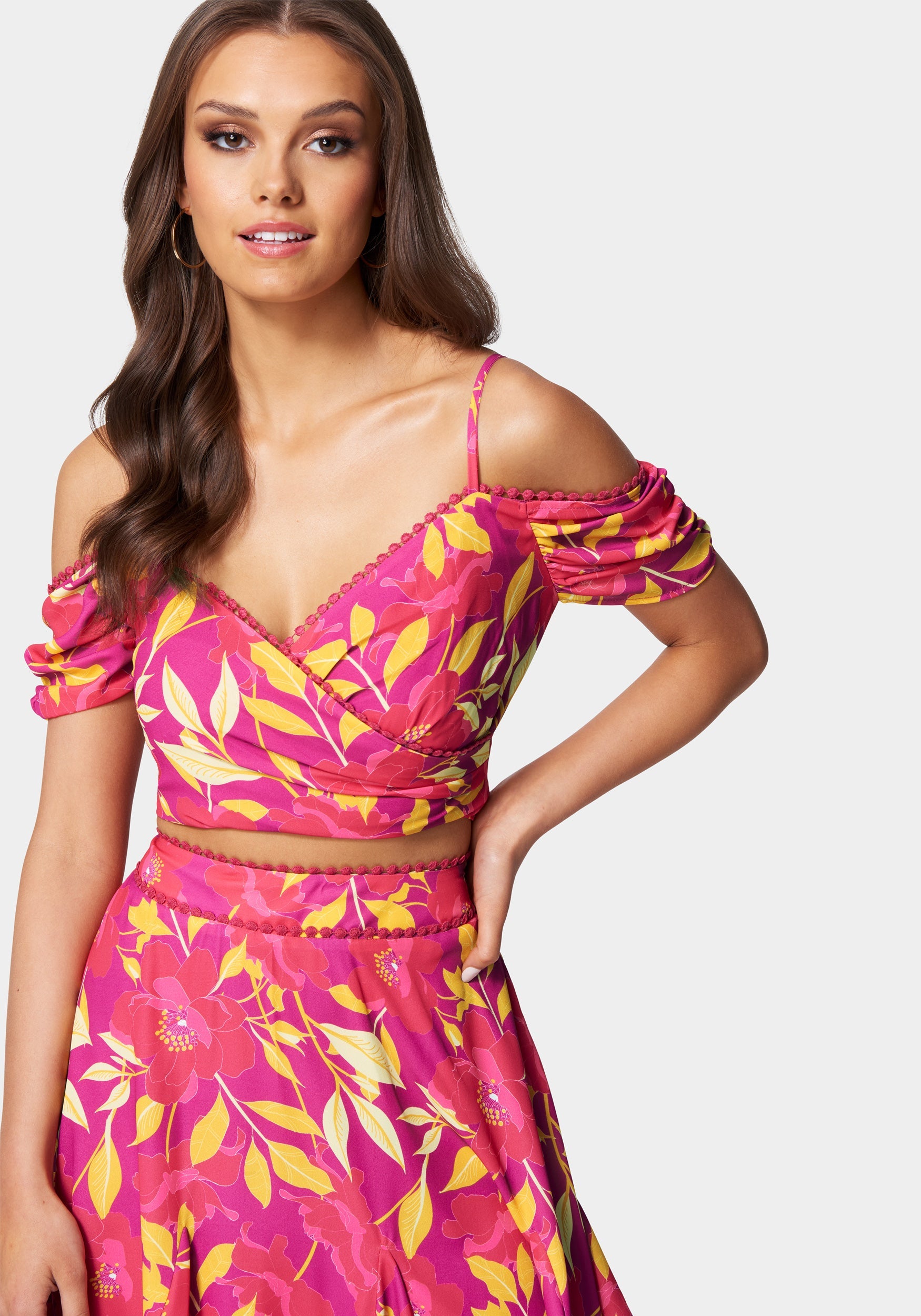 Cold Shoulder Cross Front Printed Top