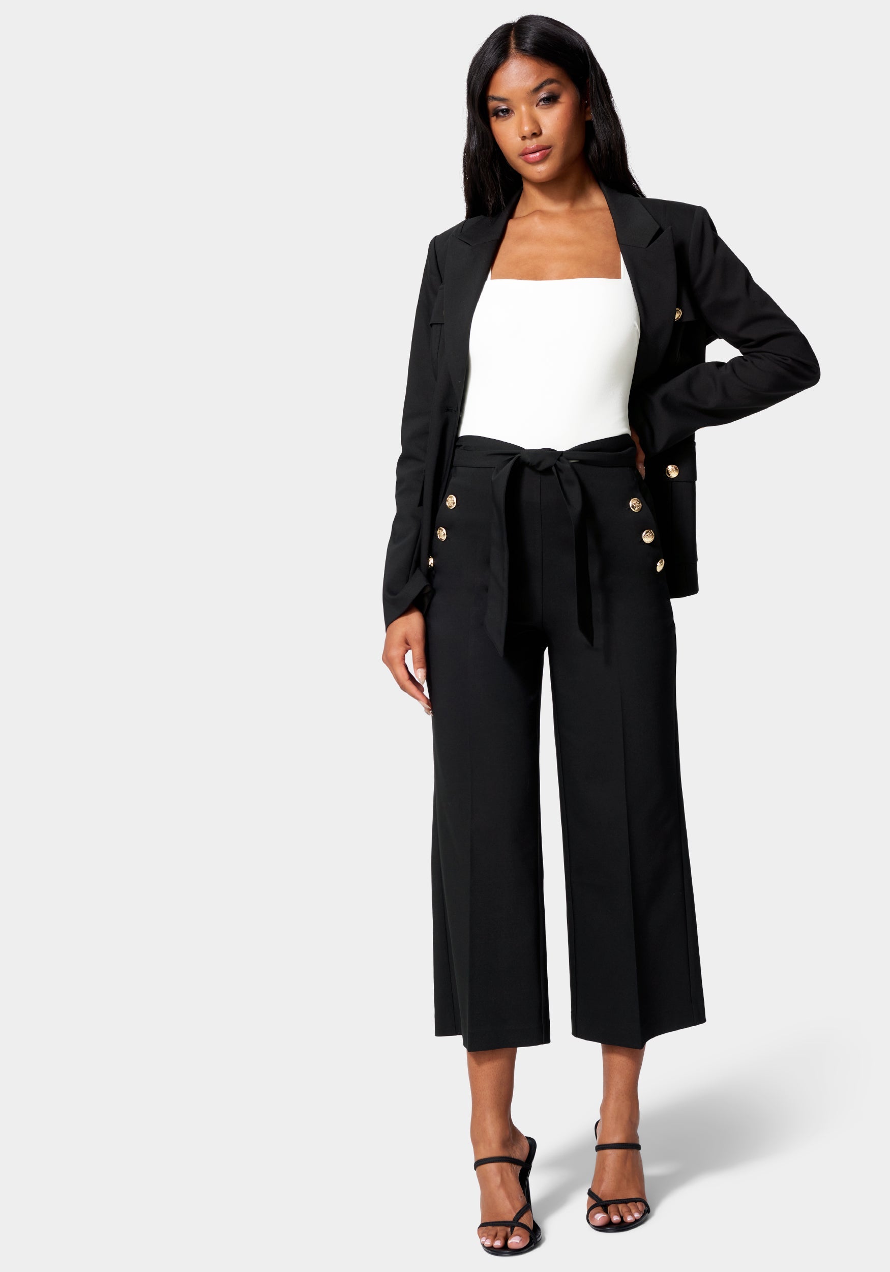 Cotton Sateen Button Detail Wide Leg Cropped Pant