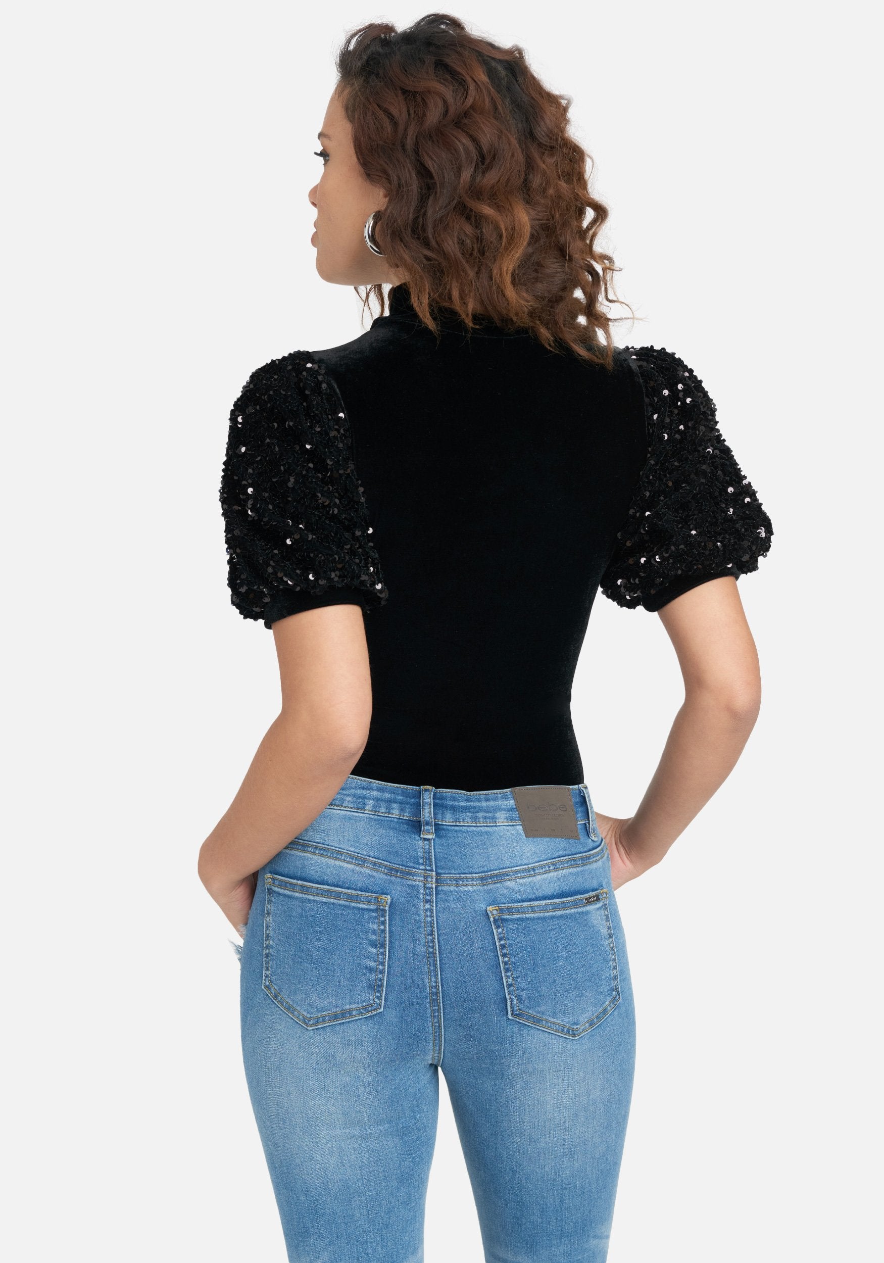 Sequin Puff Sleeve Velour Top