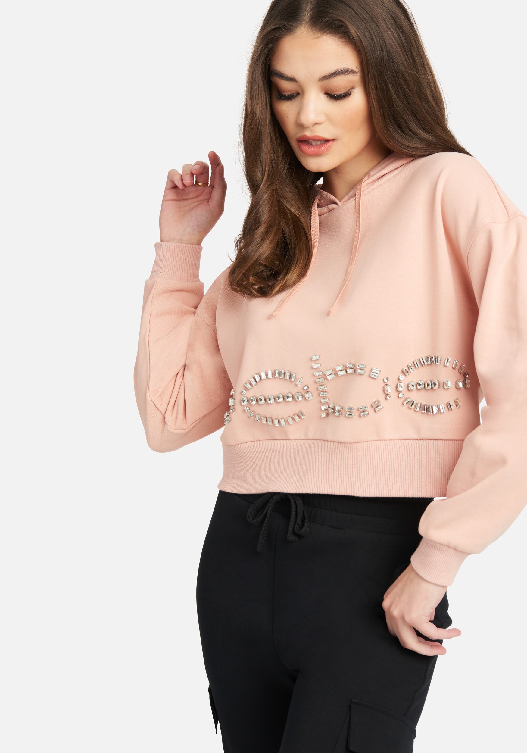 Bebe Stone Logo French Terry Hooded Top