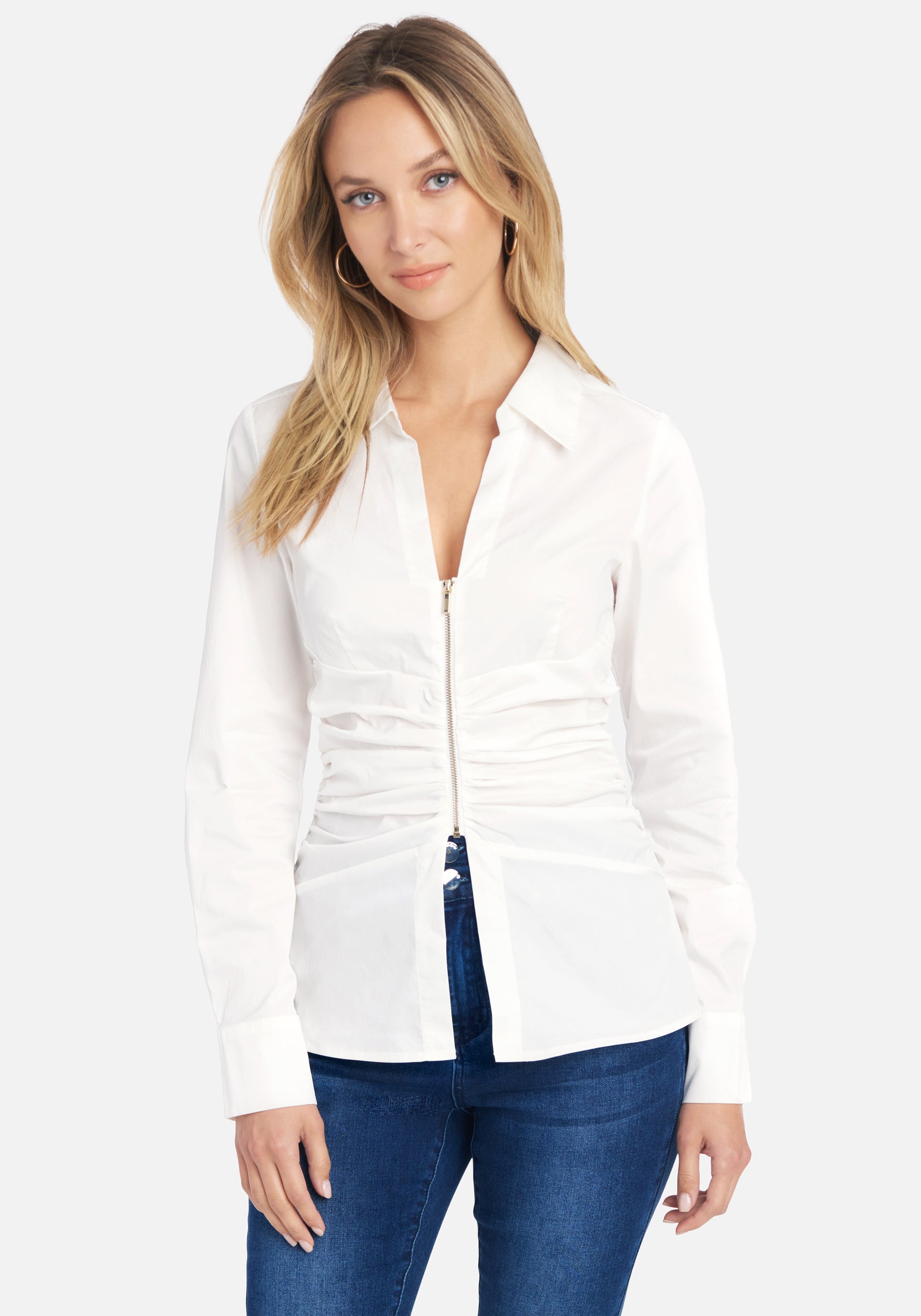 Ruched Waist Zip Up Poplin Blouse