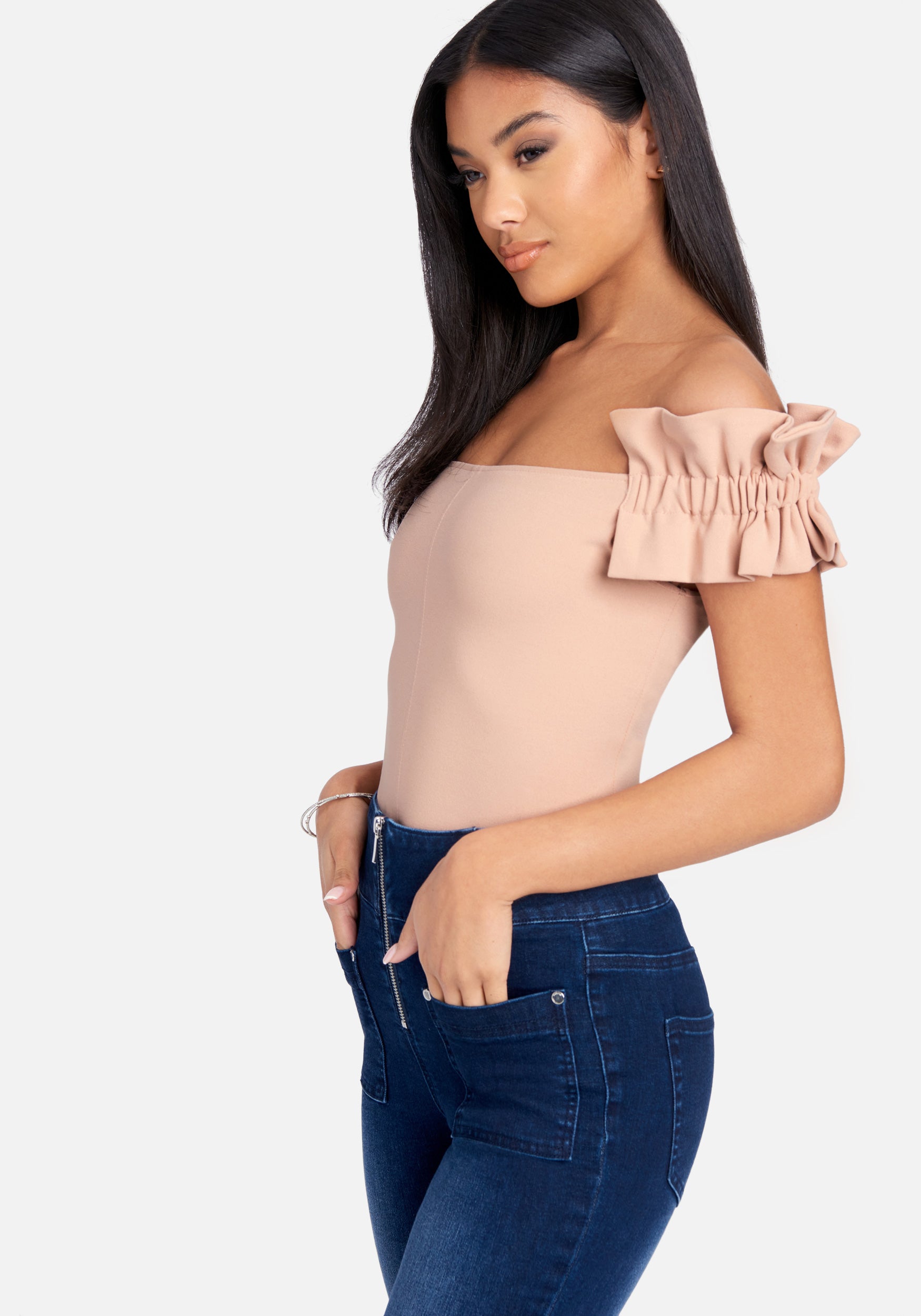 Knit Crepe Off Shoulder Ruffle Top