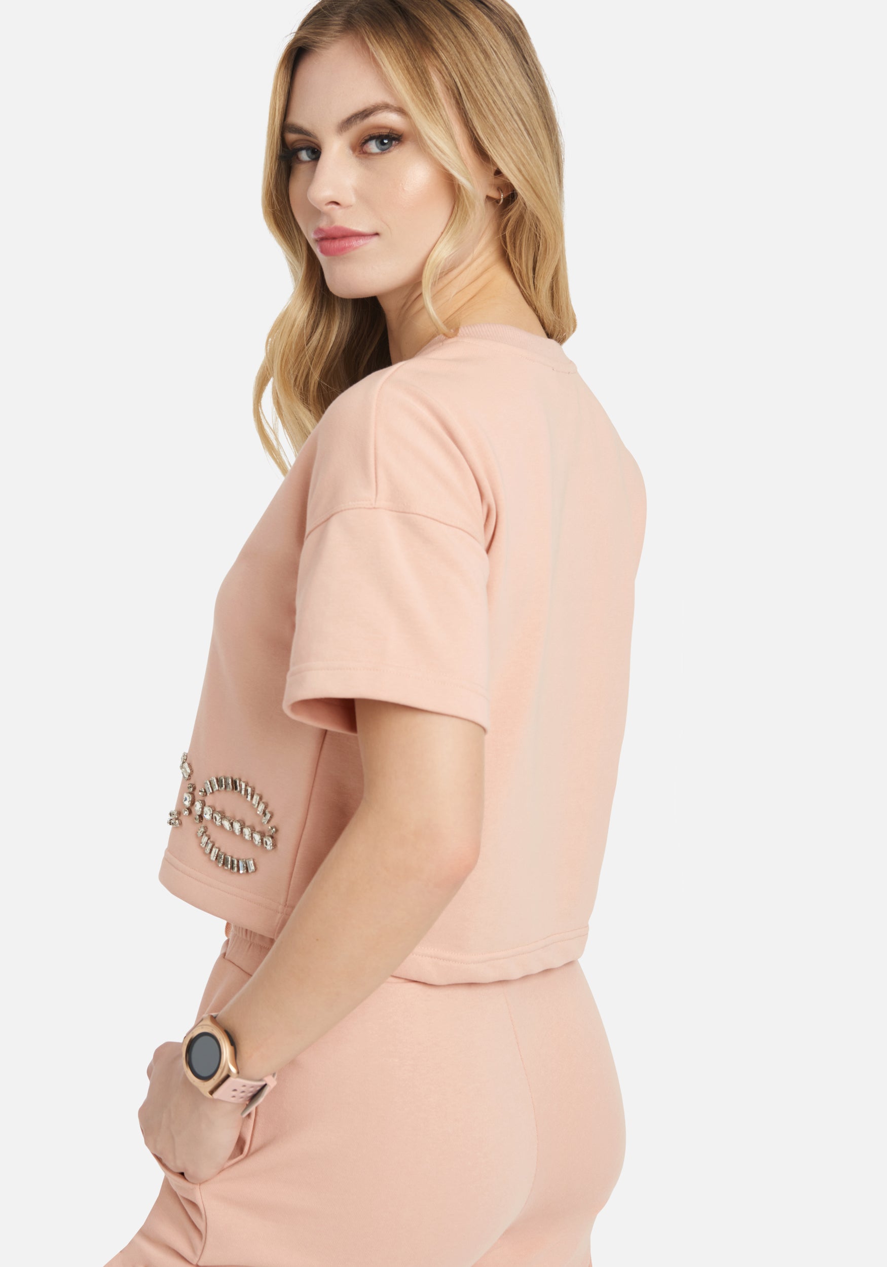 Bebe Rhinestone Logo French Terry Crop Top