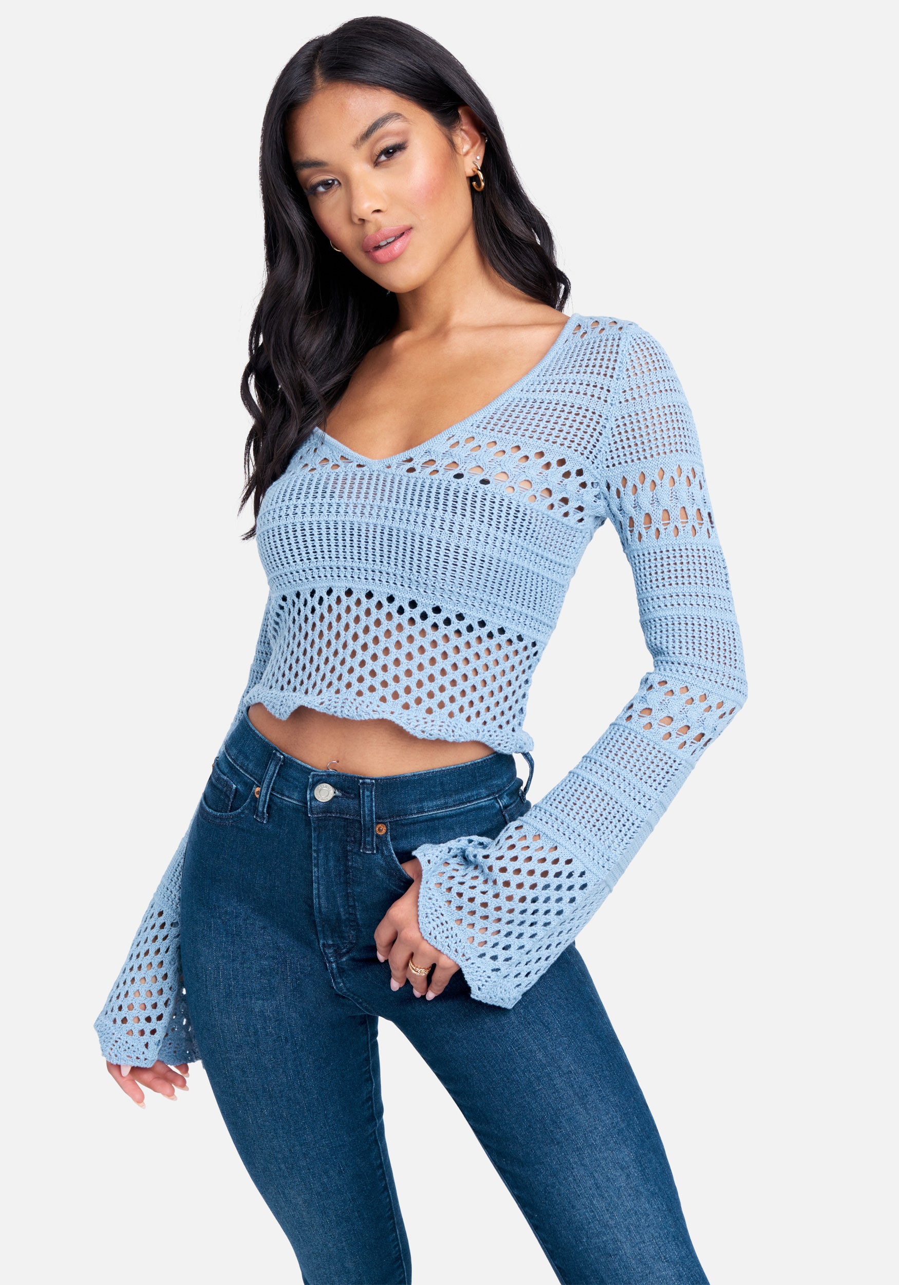 Bell Sleeve Scallop Hem Crochet Top