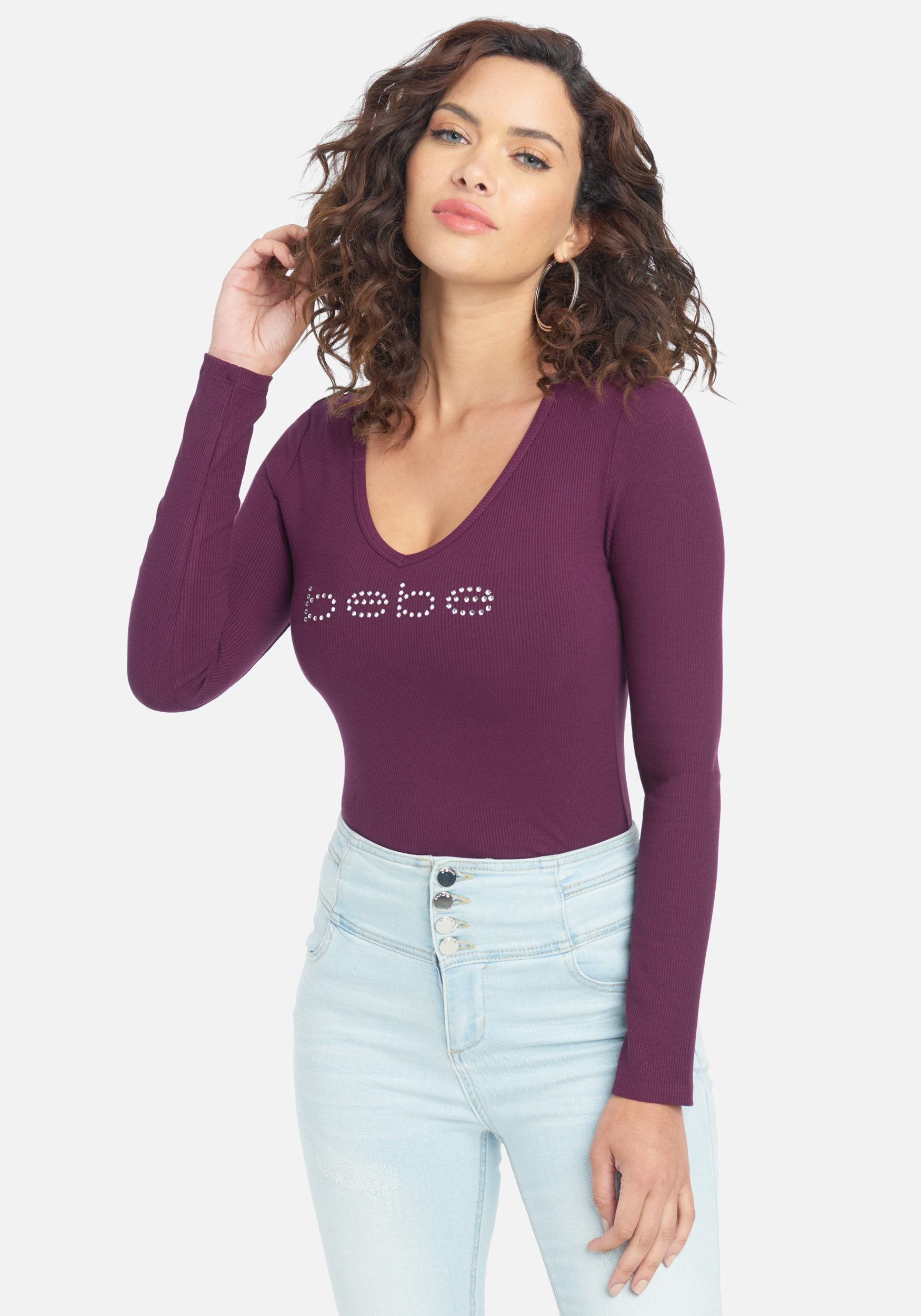 Crystal Logo V-Neck Long Sleeve Tee