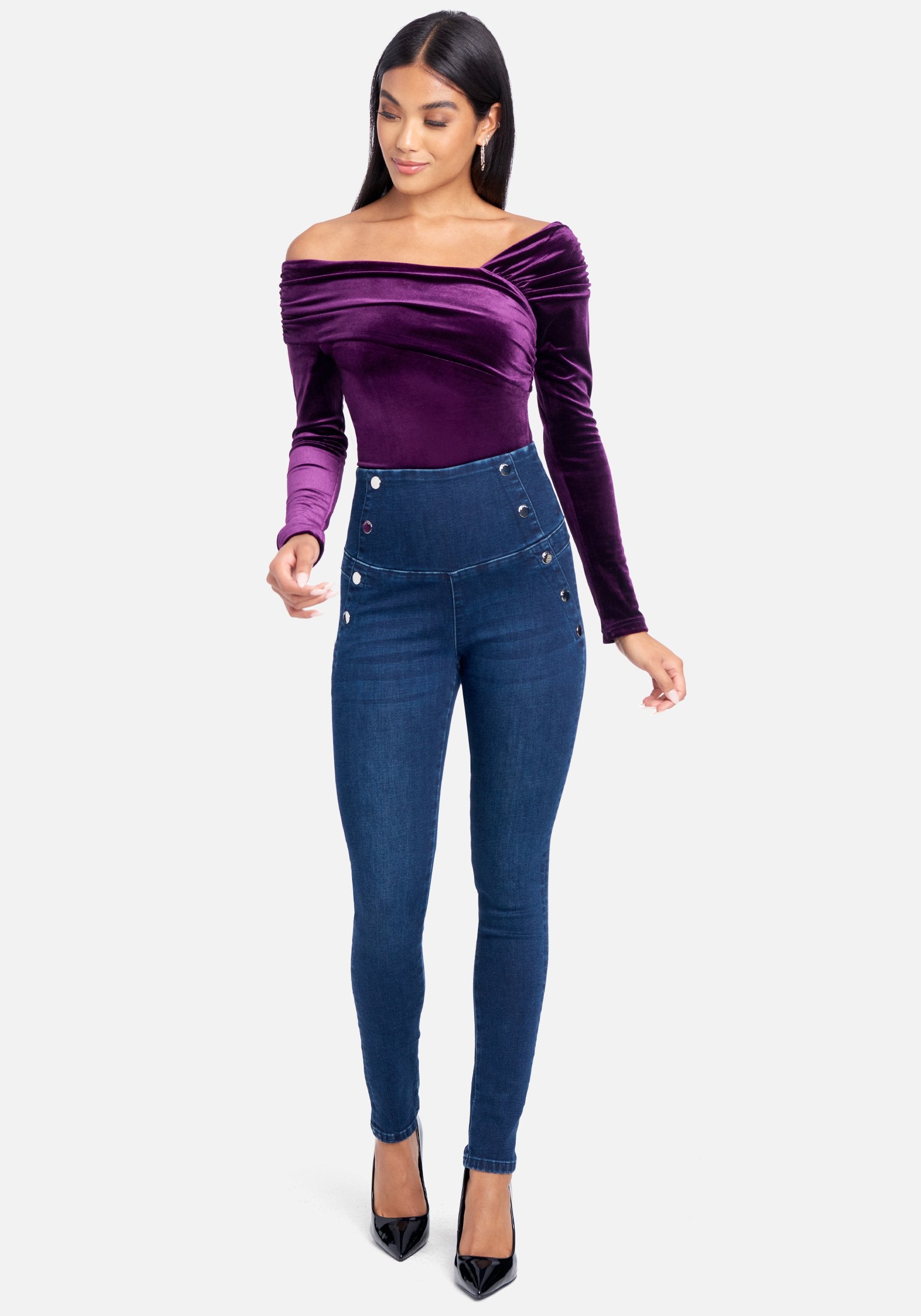 High Waisted Button Detail Skinny Jeans