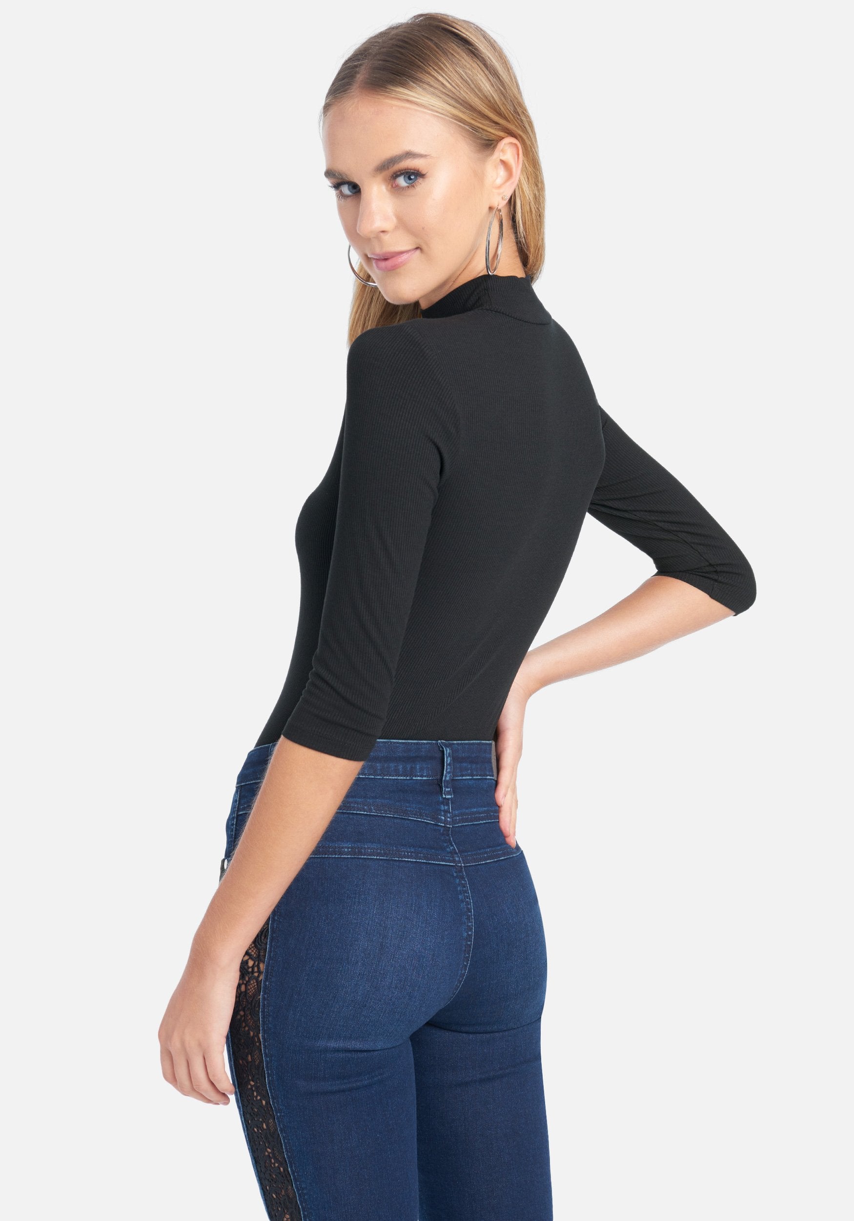 Crystal Logo Mock Neck 3/4 Sleeve Tee