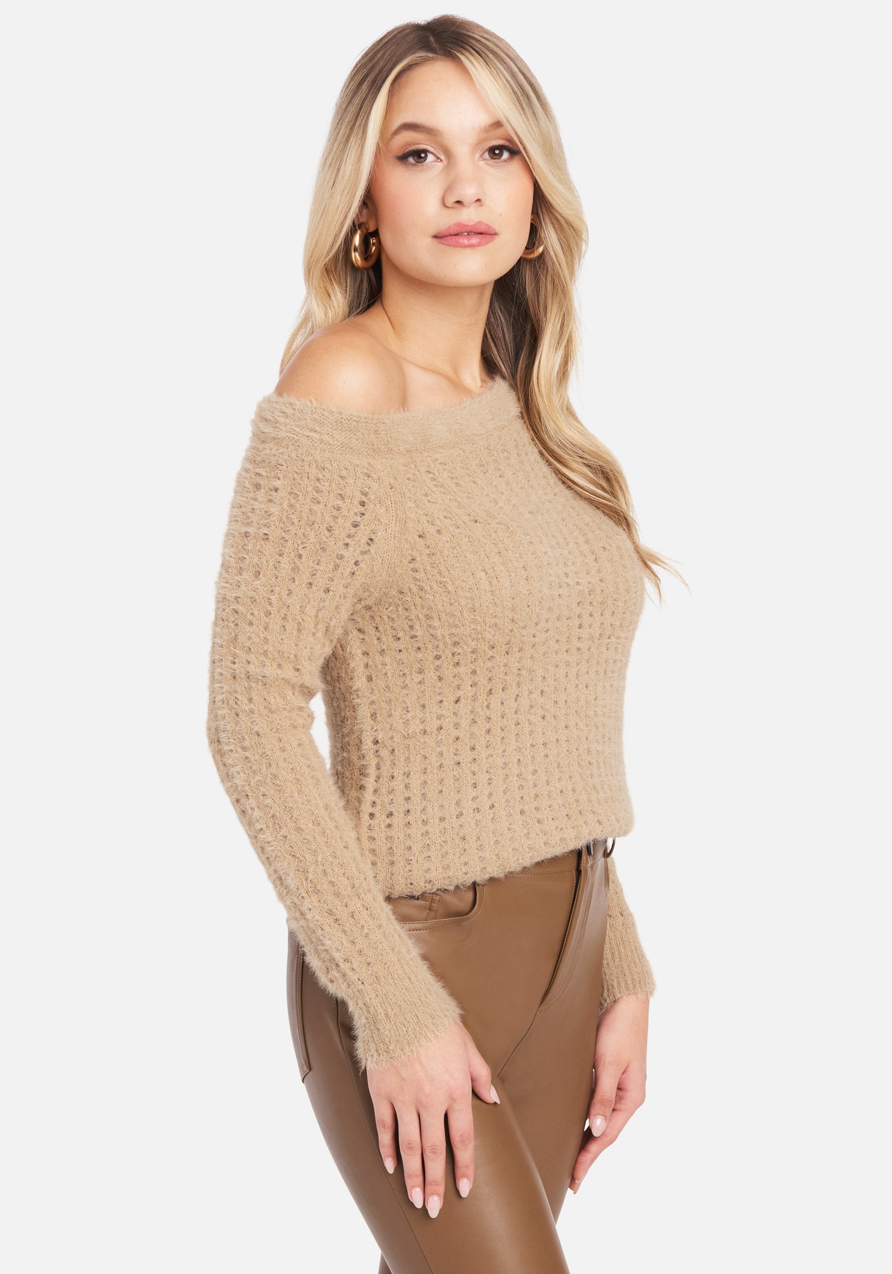 Off Shoulder Open Knit Sweater Top