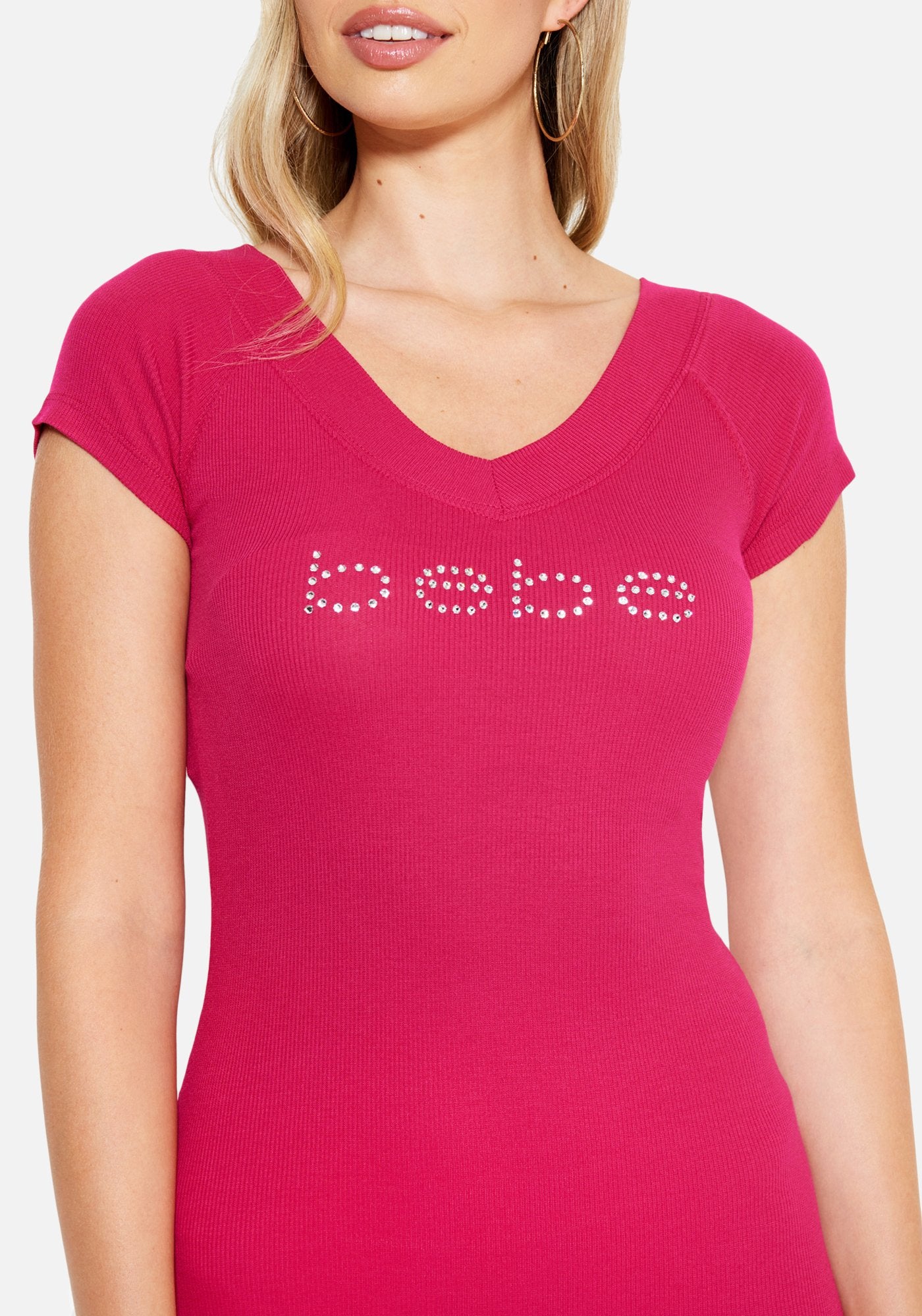 Crystal Logo Short Sleeve Double V-Neck Dress