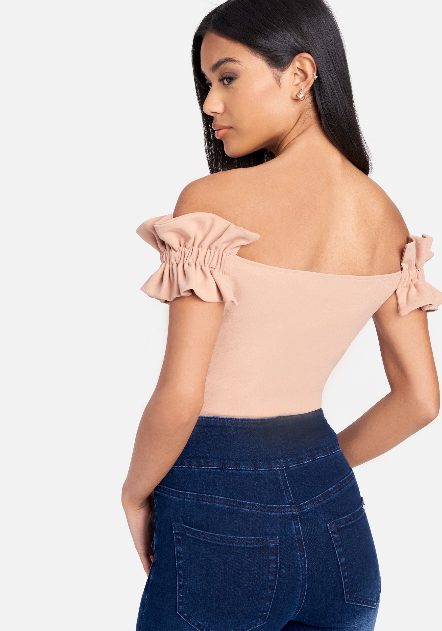 Knit Crepe Off Shoulder Ruffle Top