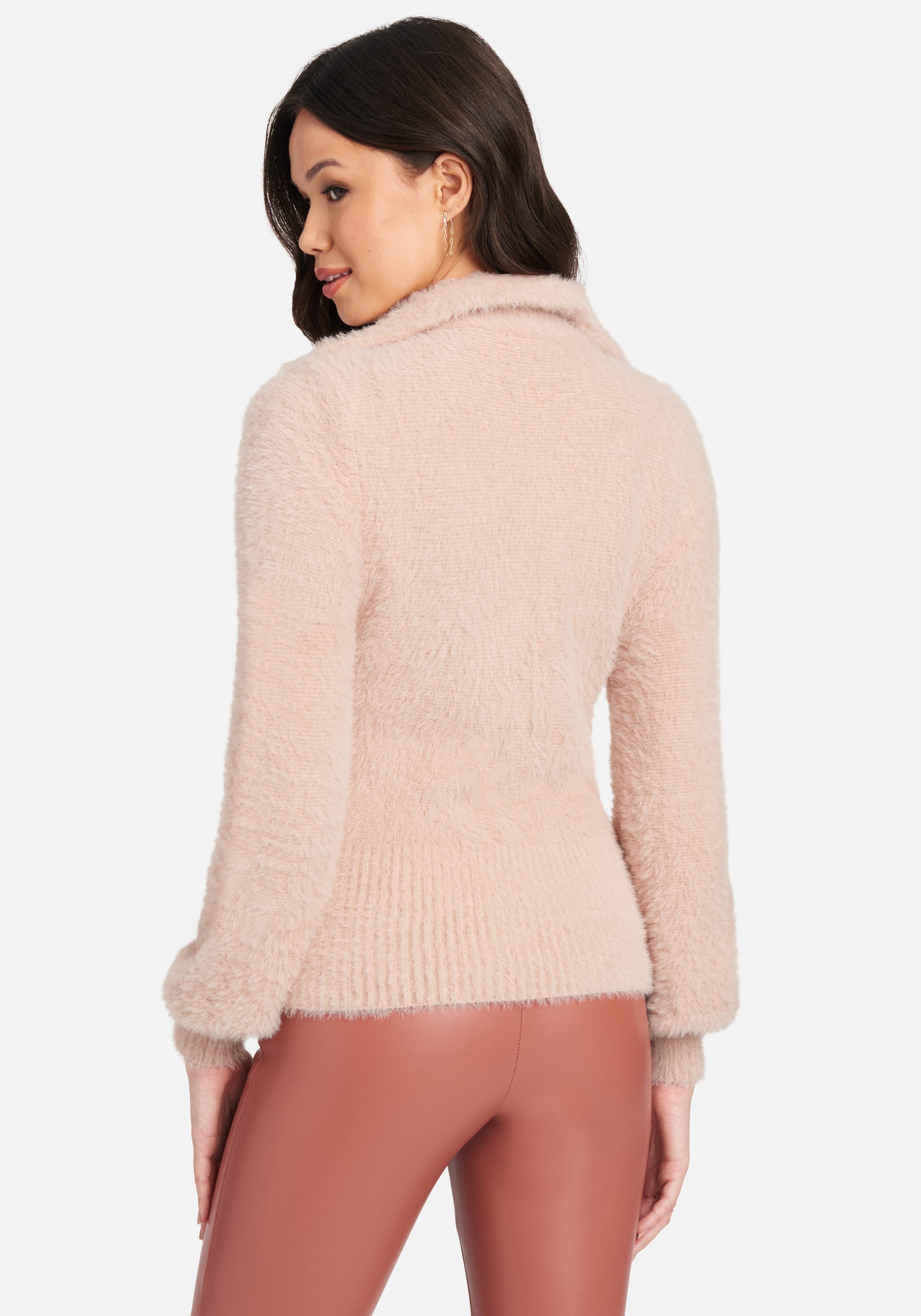 Zip Detail Collar Soft Fuzzy Sweater Top