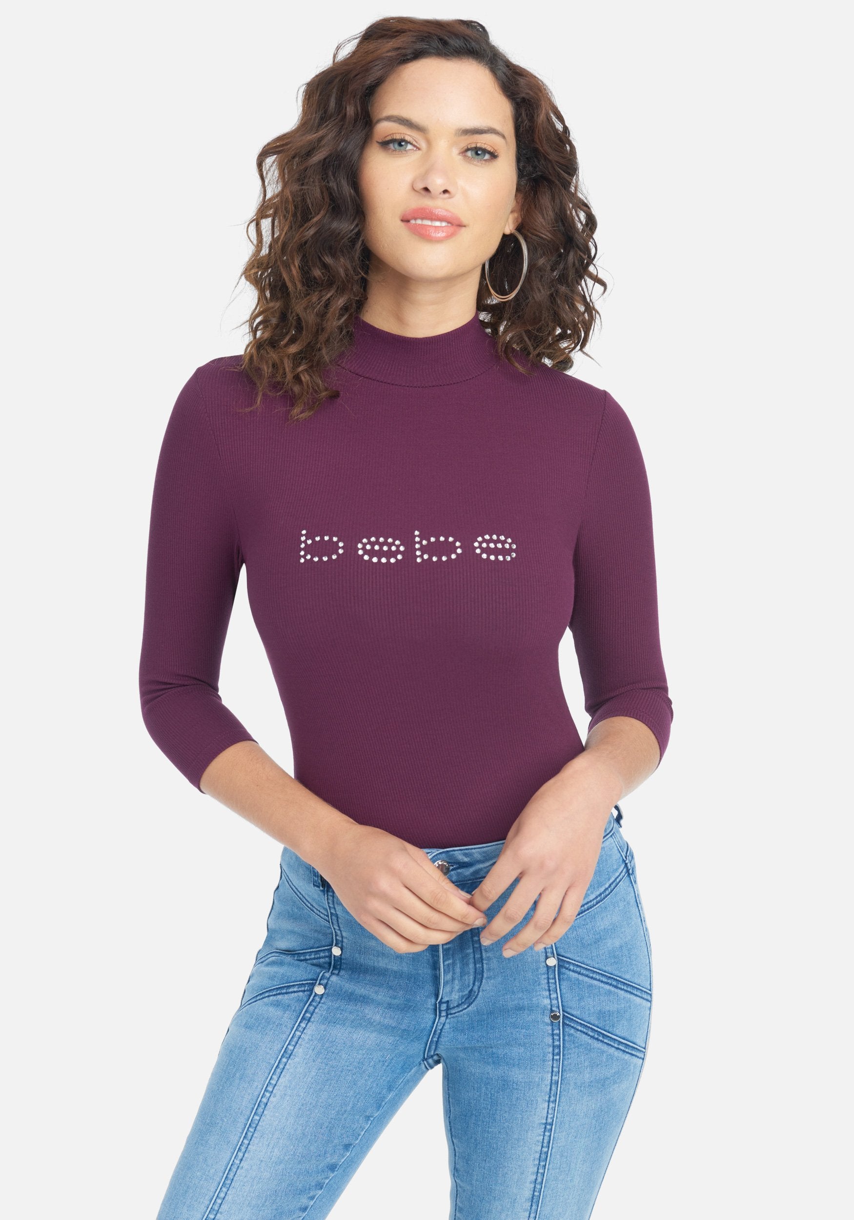 Crystal Logo Mock Neck 3/4 Sleeve Tee