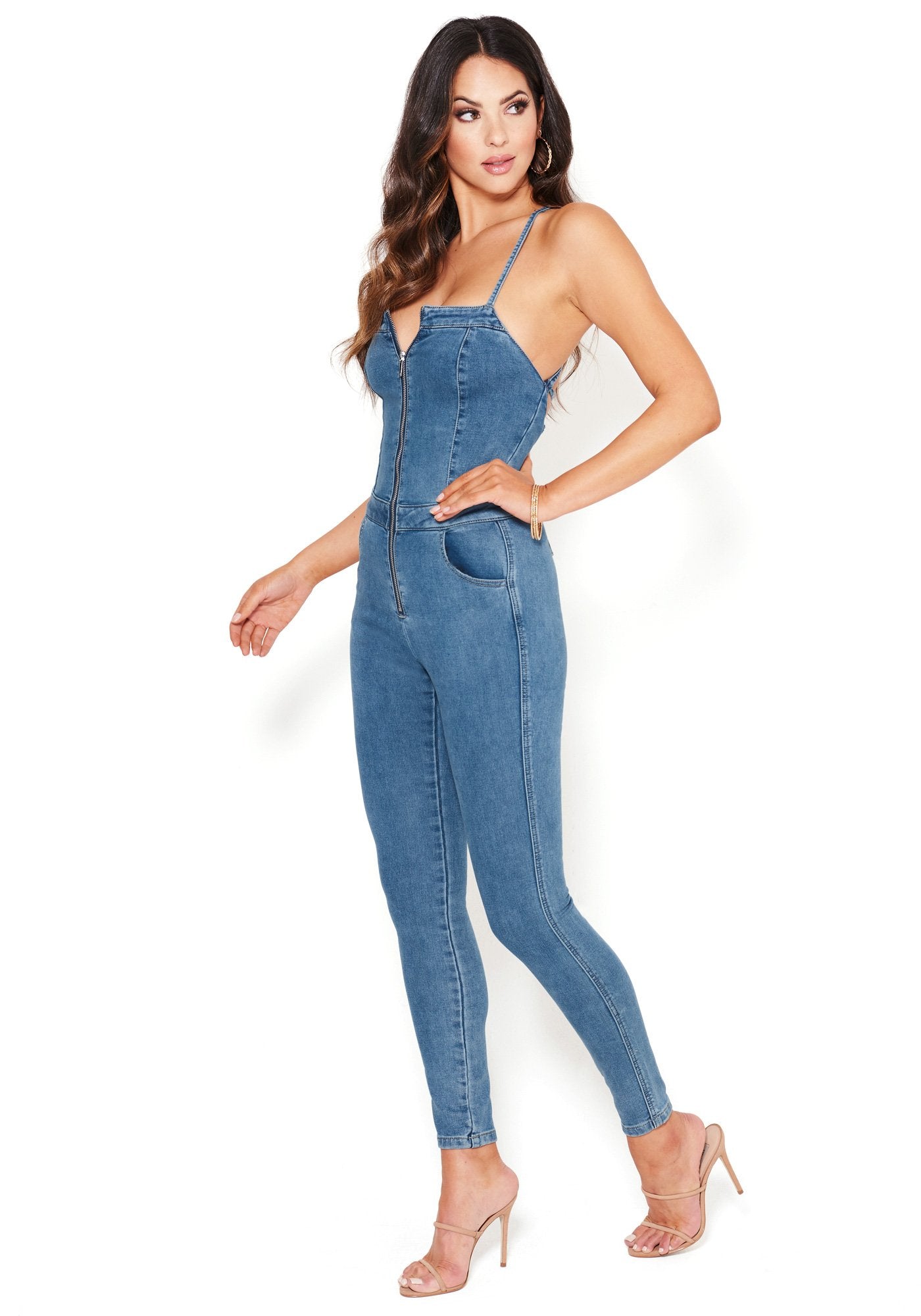 Lace Up Back Denim Catsuit
