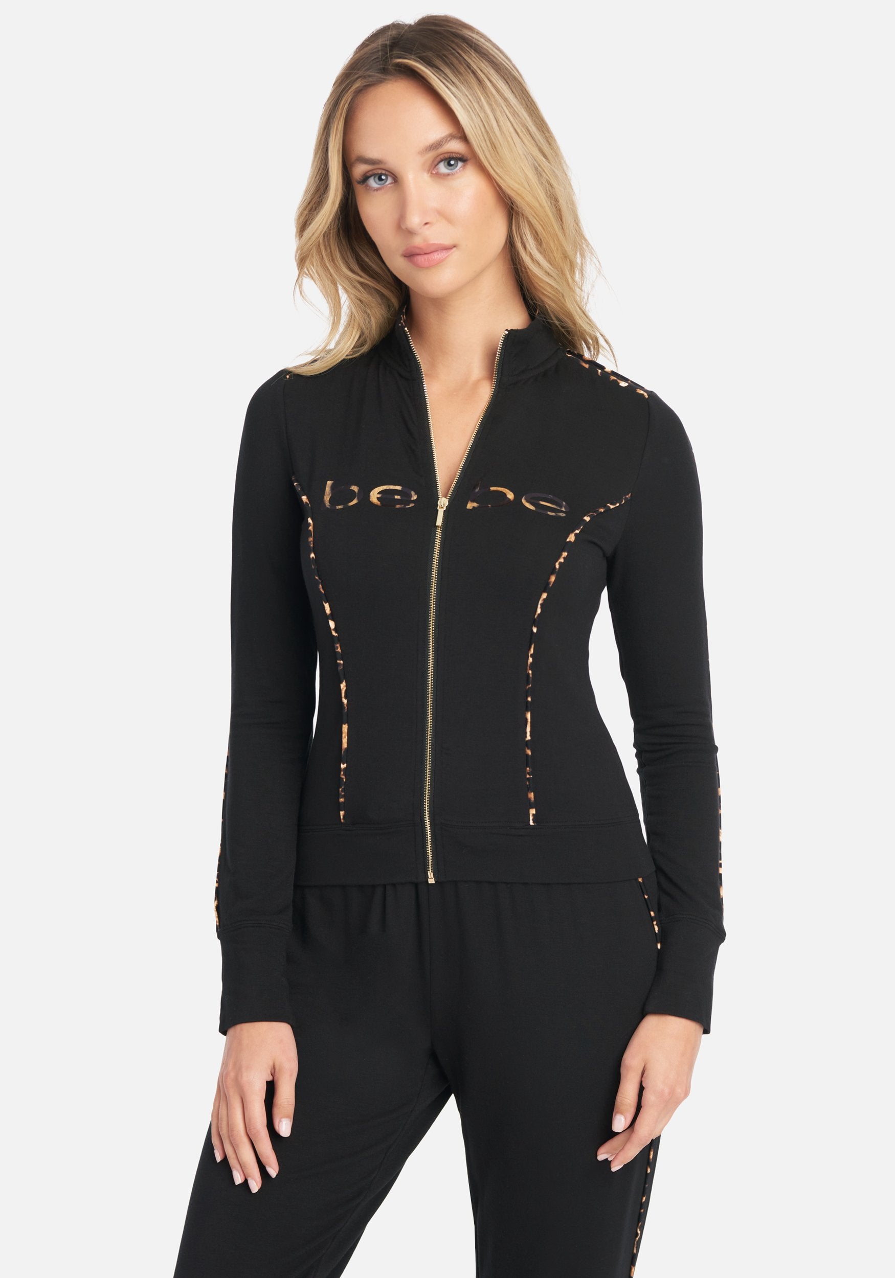 Bebe Logo French Terry Leopard Print Jacket