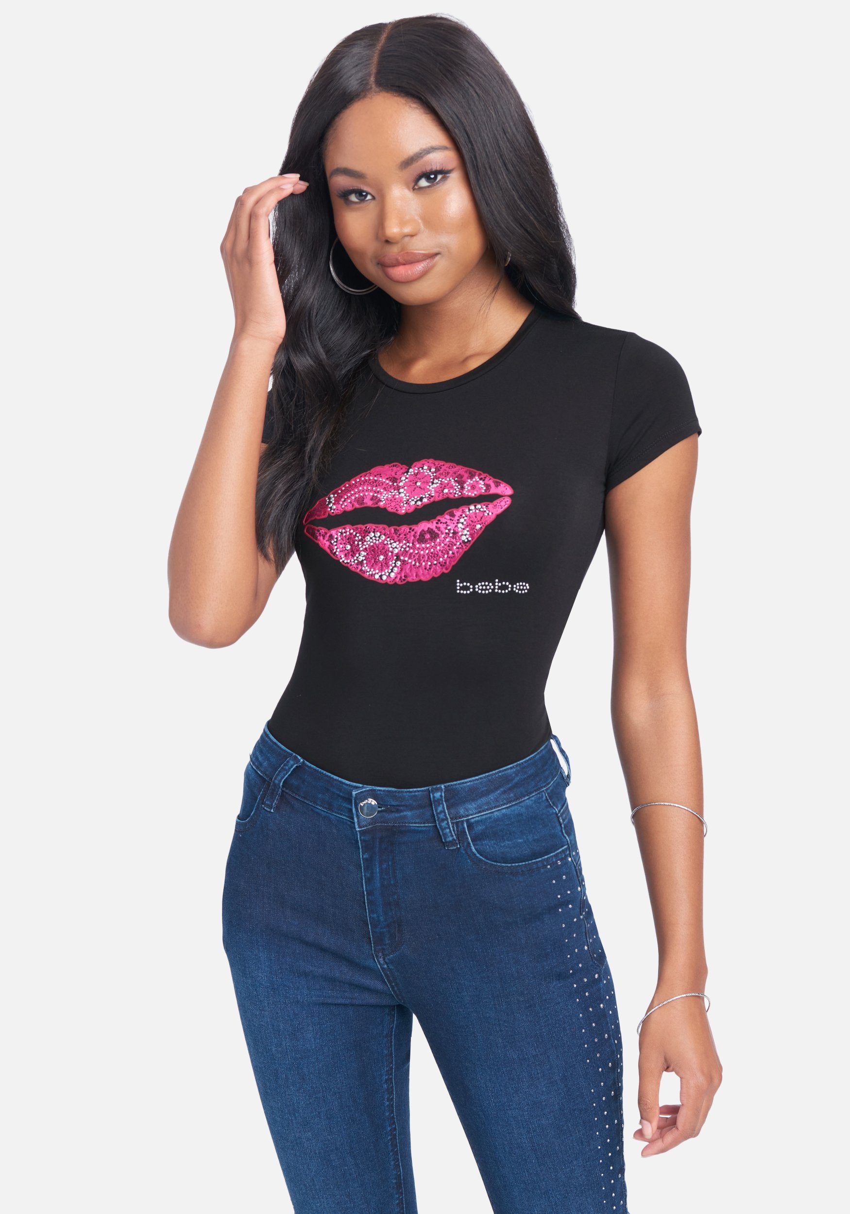Bebe Logo Rhinestone Lip Print Tee