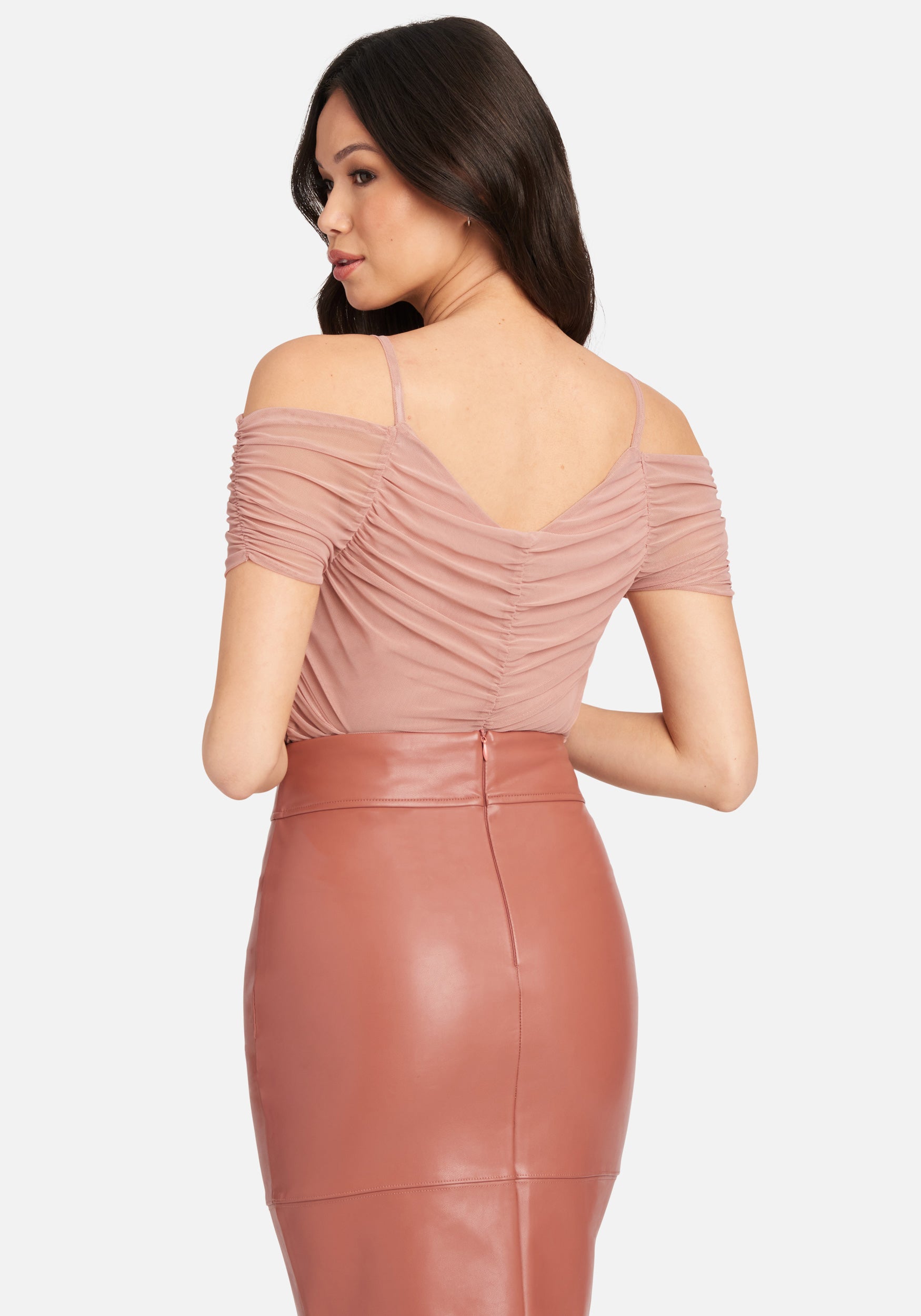 Ruched Cold Shoulder Mesh Bodysuit
