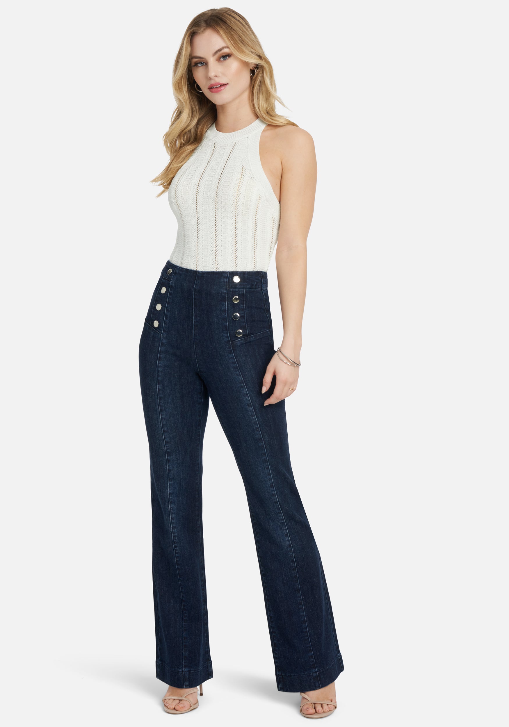 High Waist Button Detail Wide Leg Jeans