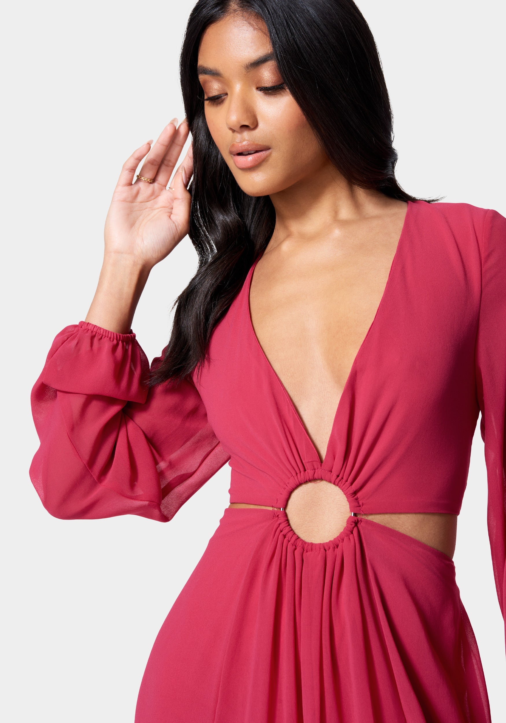 Plunging O-Ring Detail Maxi Dress