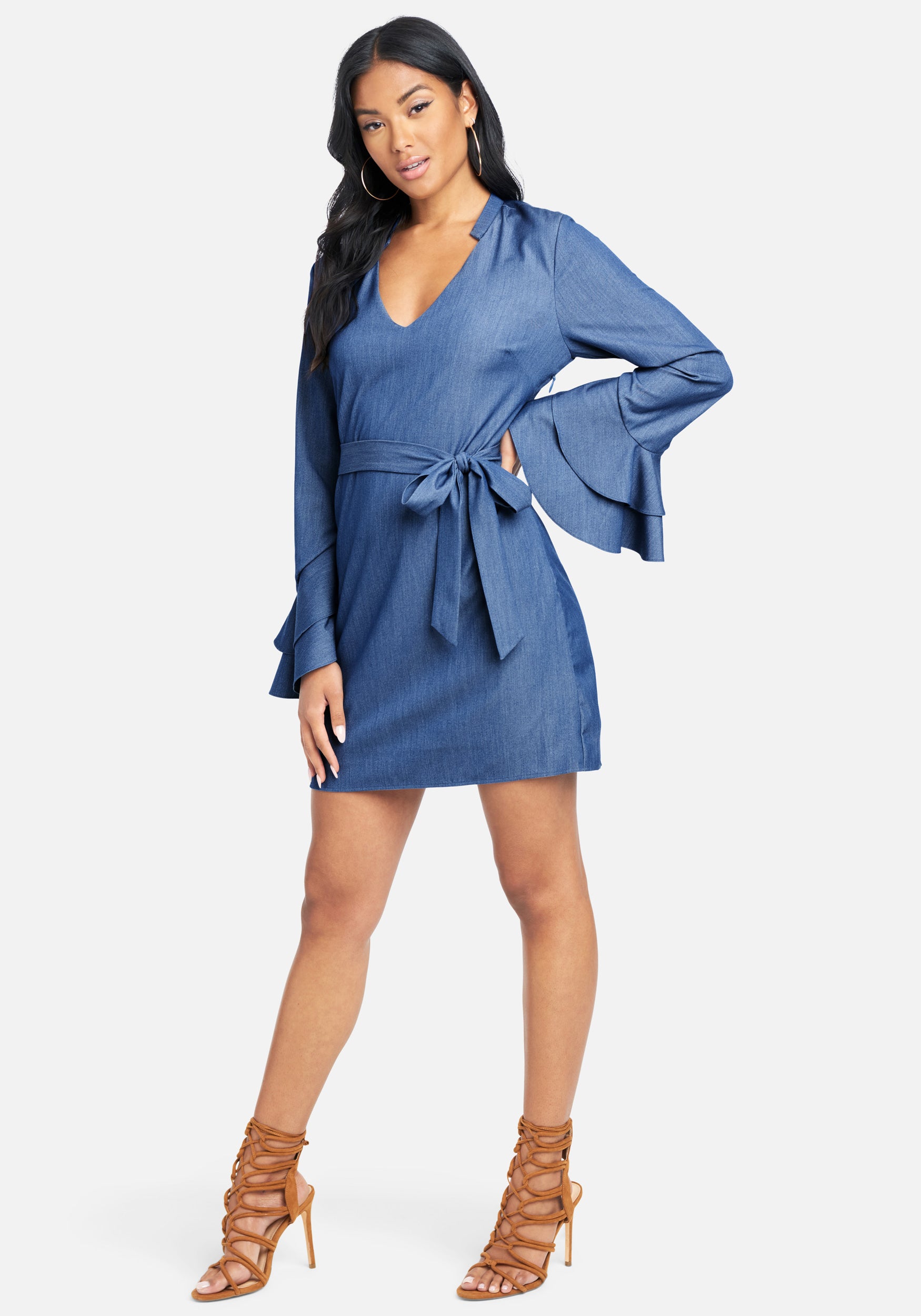 Tiered Ruffle Sleeve Chambray Dress