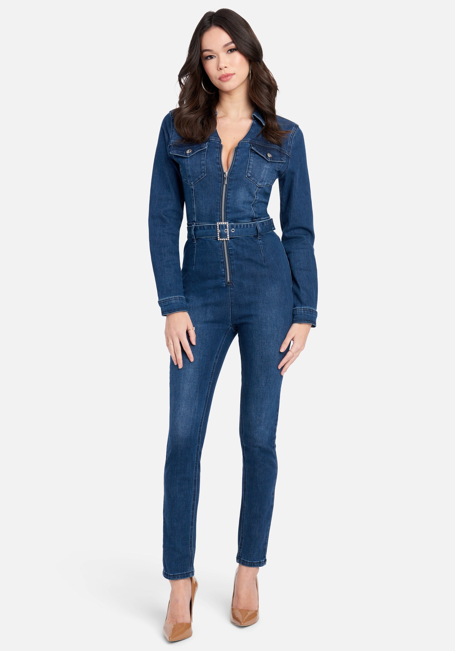 Rhinestone Belt Buckle Zip Front Denim Jumpsuit
