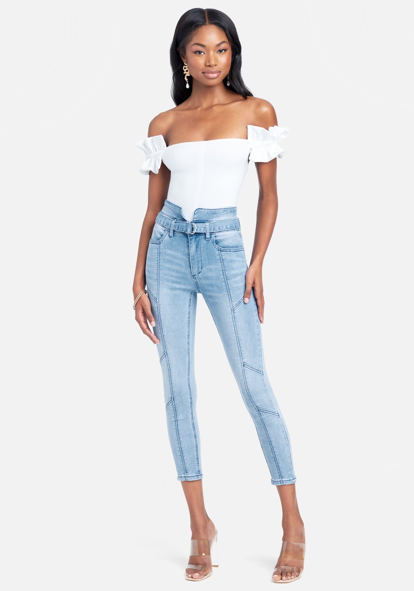 High Waist Belted Waist Skinny Jeans