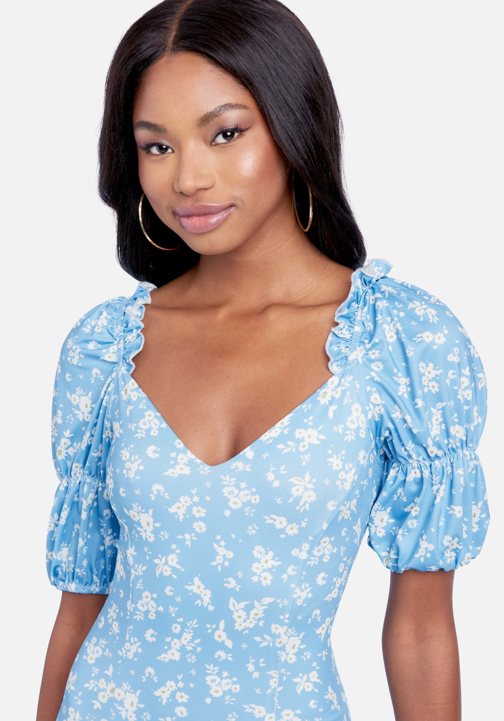 Printed Puff Sleeve Plunge Neck Dress