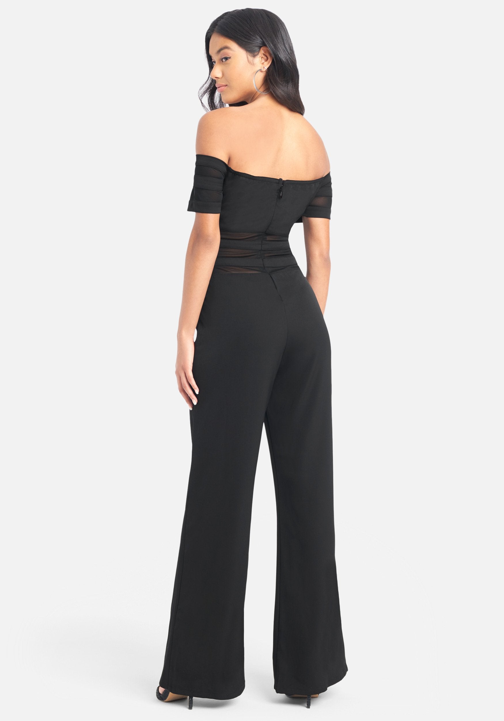 Off Shoulder Mesh Panel Jumpsuit