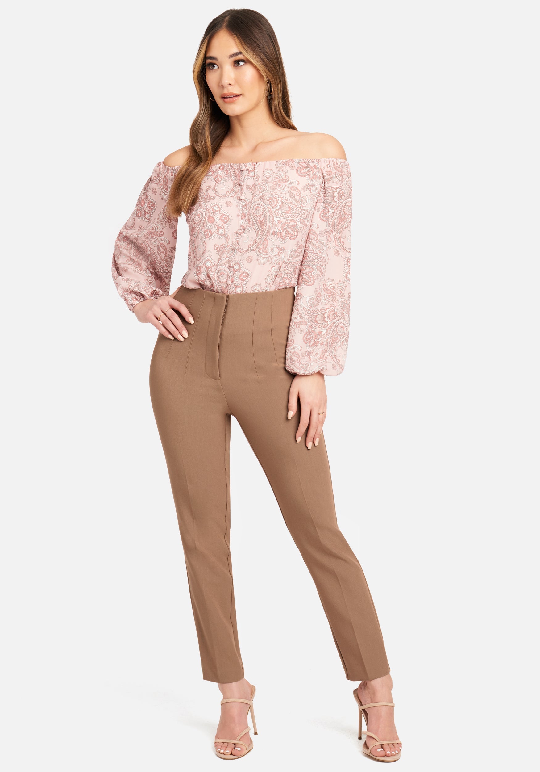 High Waist Multi Dart Woven Twill Slim Leg Pant