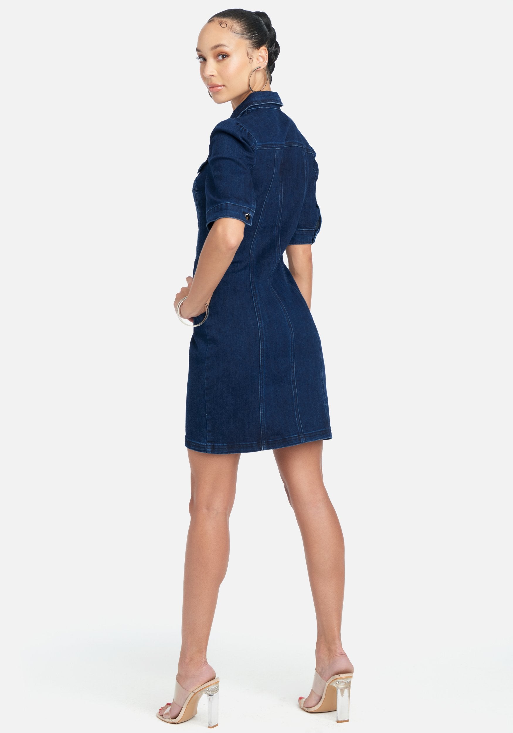 3/4 Sleeve Jean Zip Up Dress
