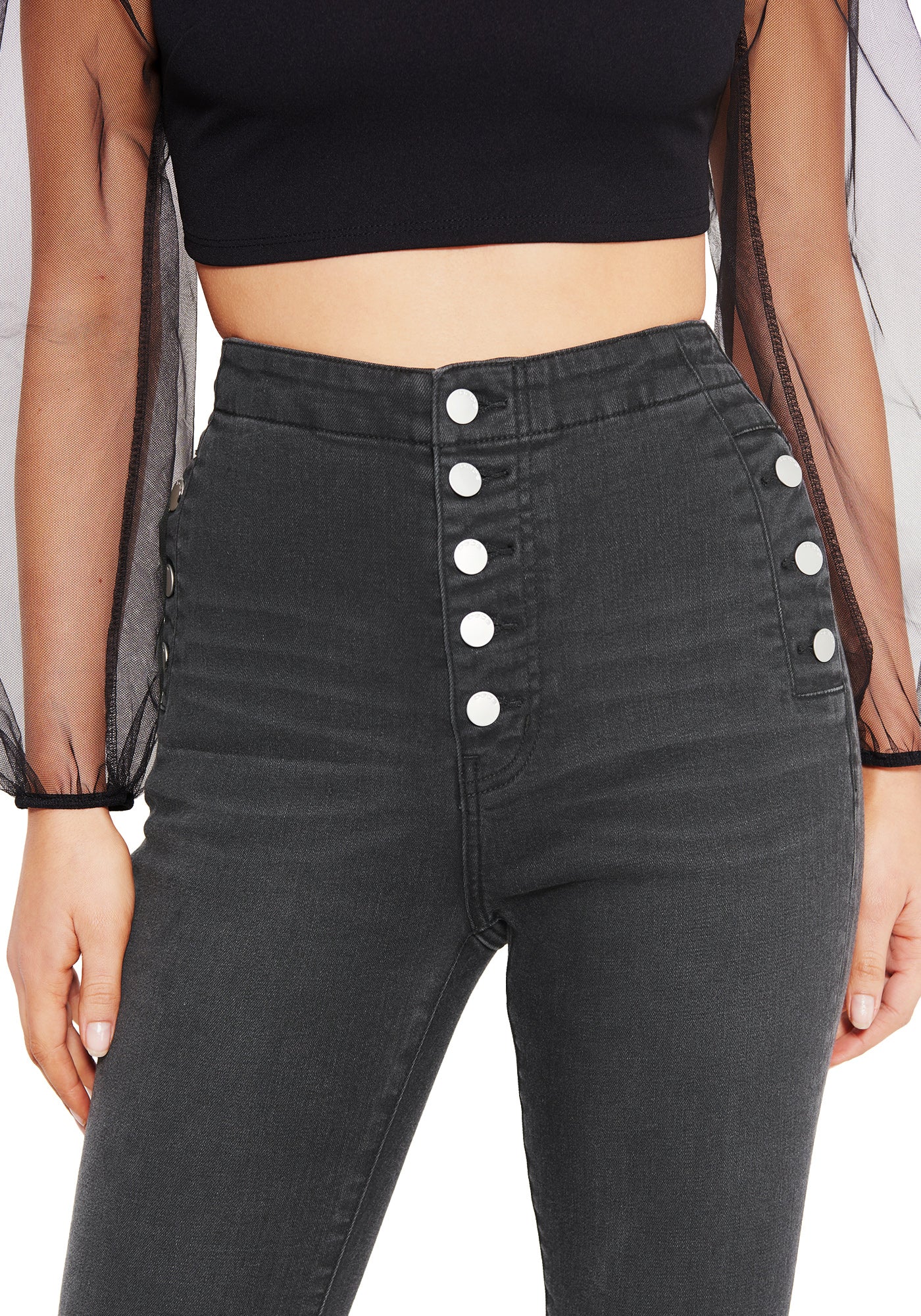Button Trim High Waist Jeans