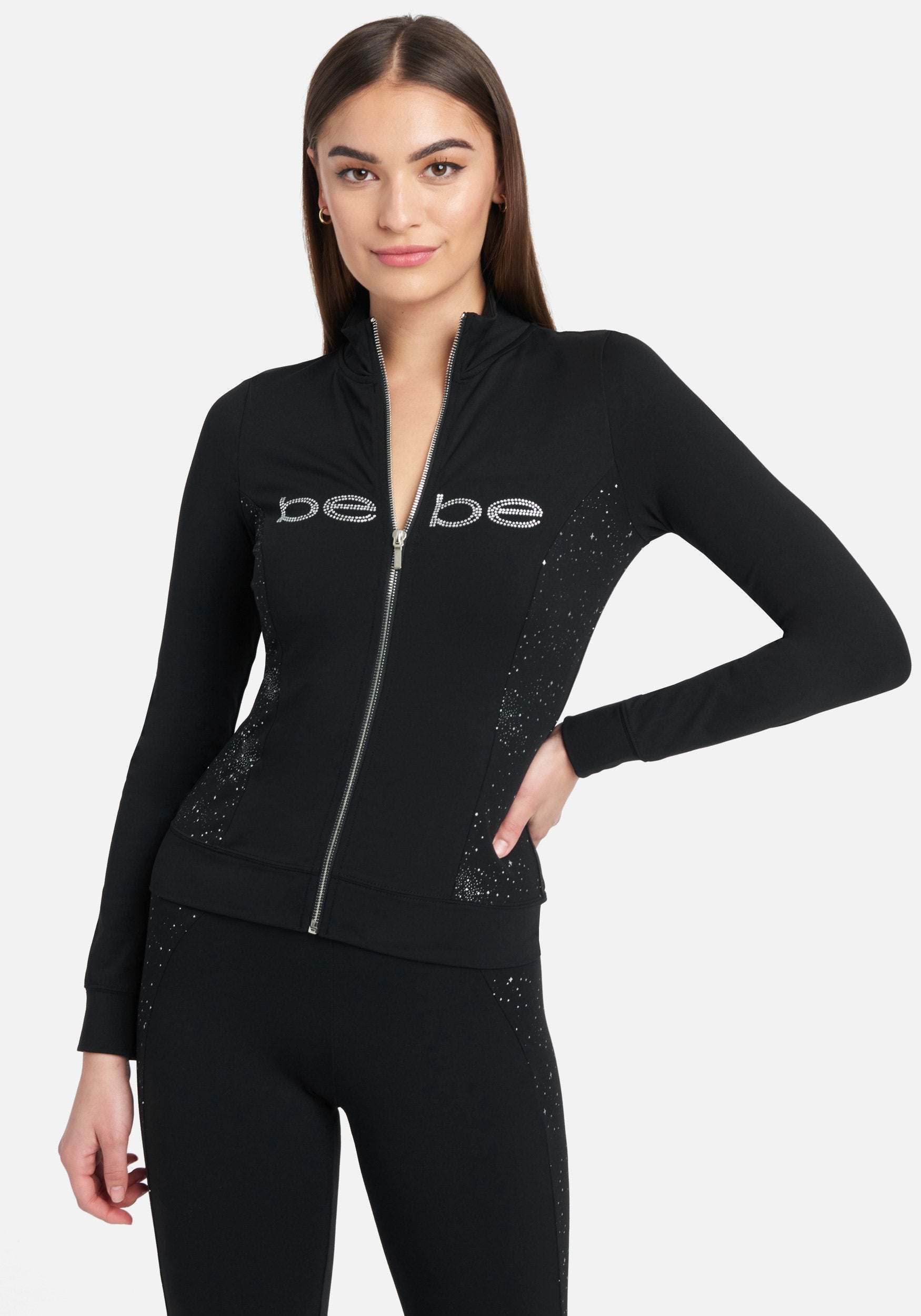 Bebe Logo Silver Speckle Print Zip Front Jacket