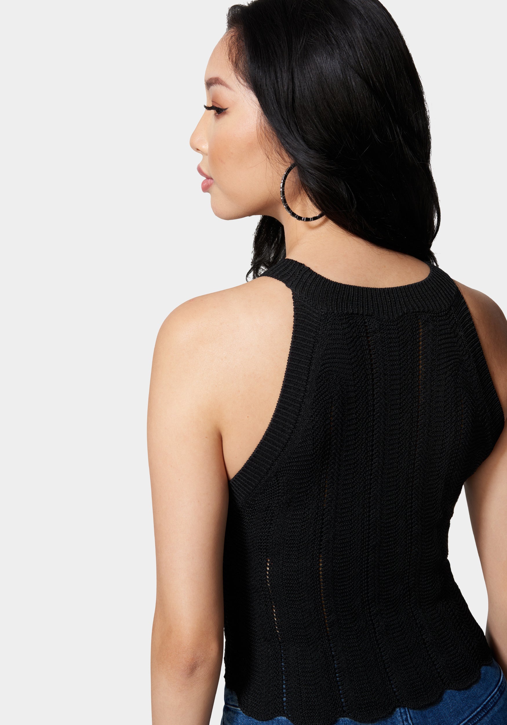 Scallop Hem Pointelle Sweater Halter Top