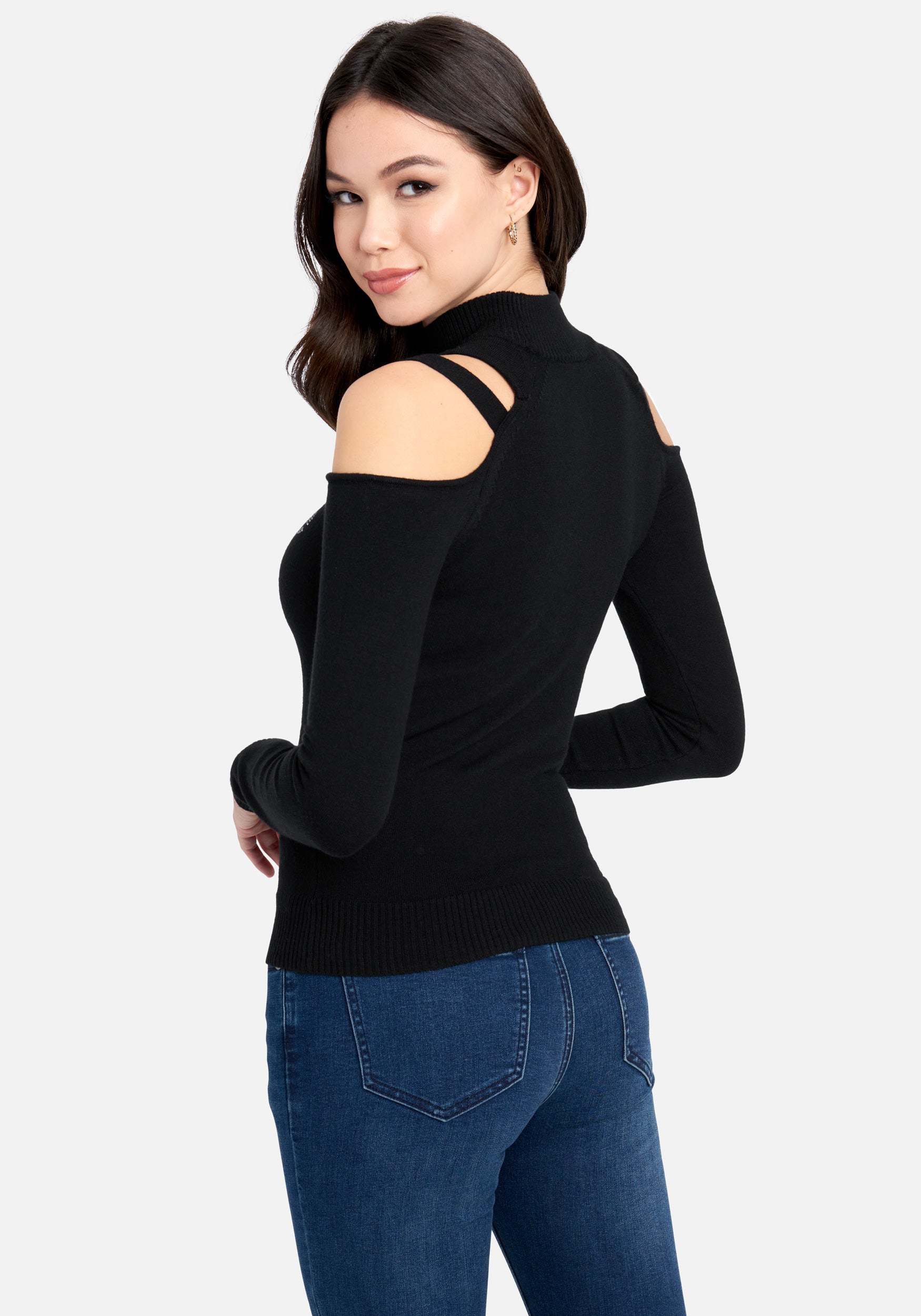 Bebe Logo Strappy Cold Shoulder Mock Neck Sweater