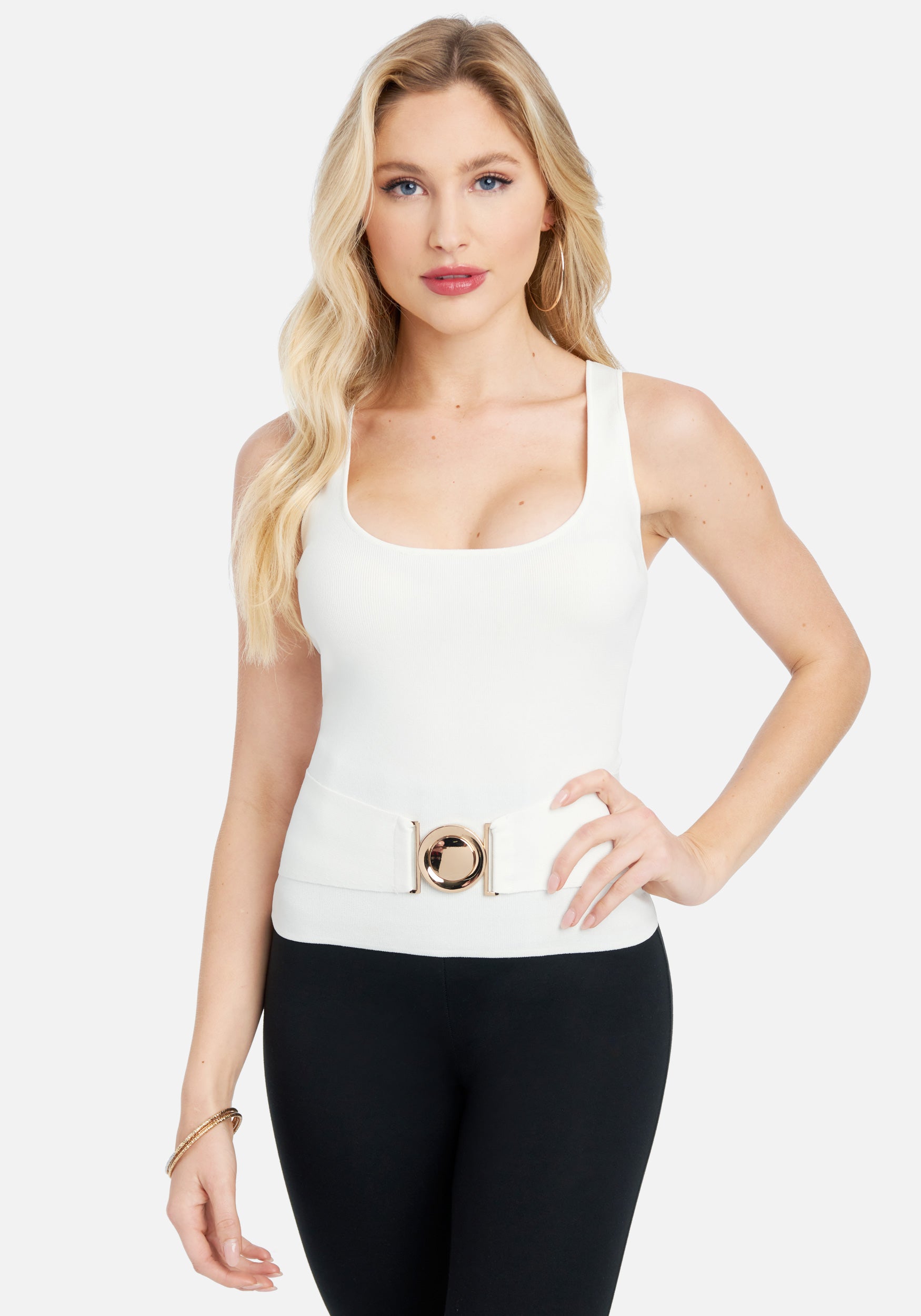 Sweater Knit Front Belt Fitted Top