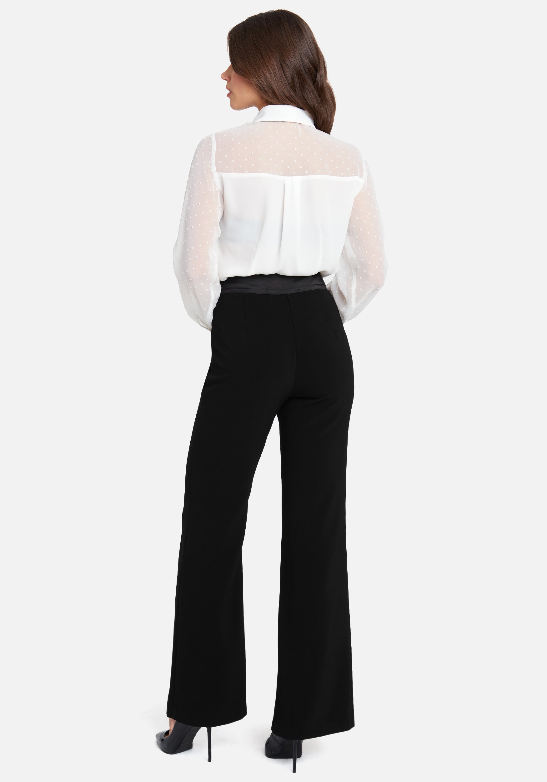Twill Wide Leg Pant With Front Slit & Satin Waistband
