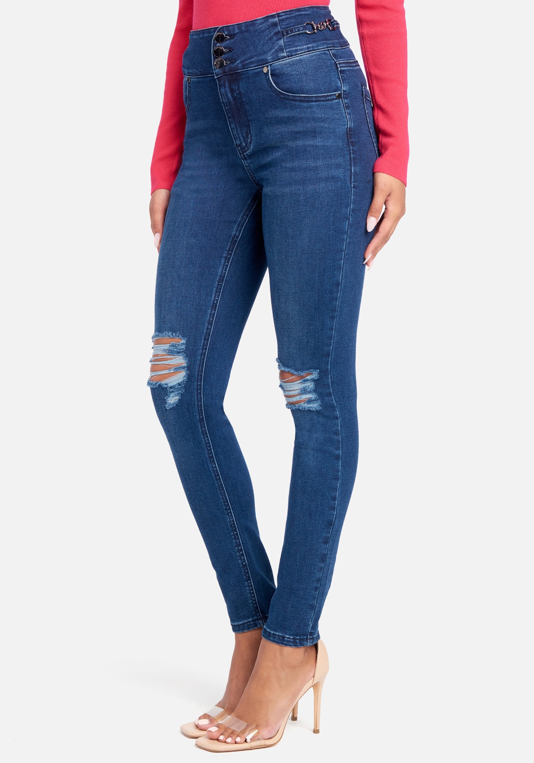 High Waist Side Buckle Detail Skinny Denim