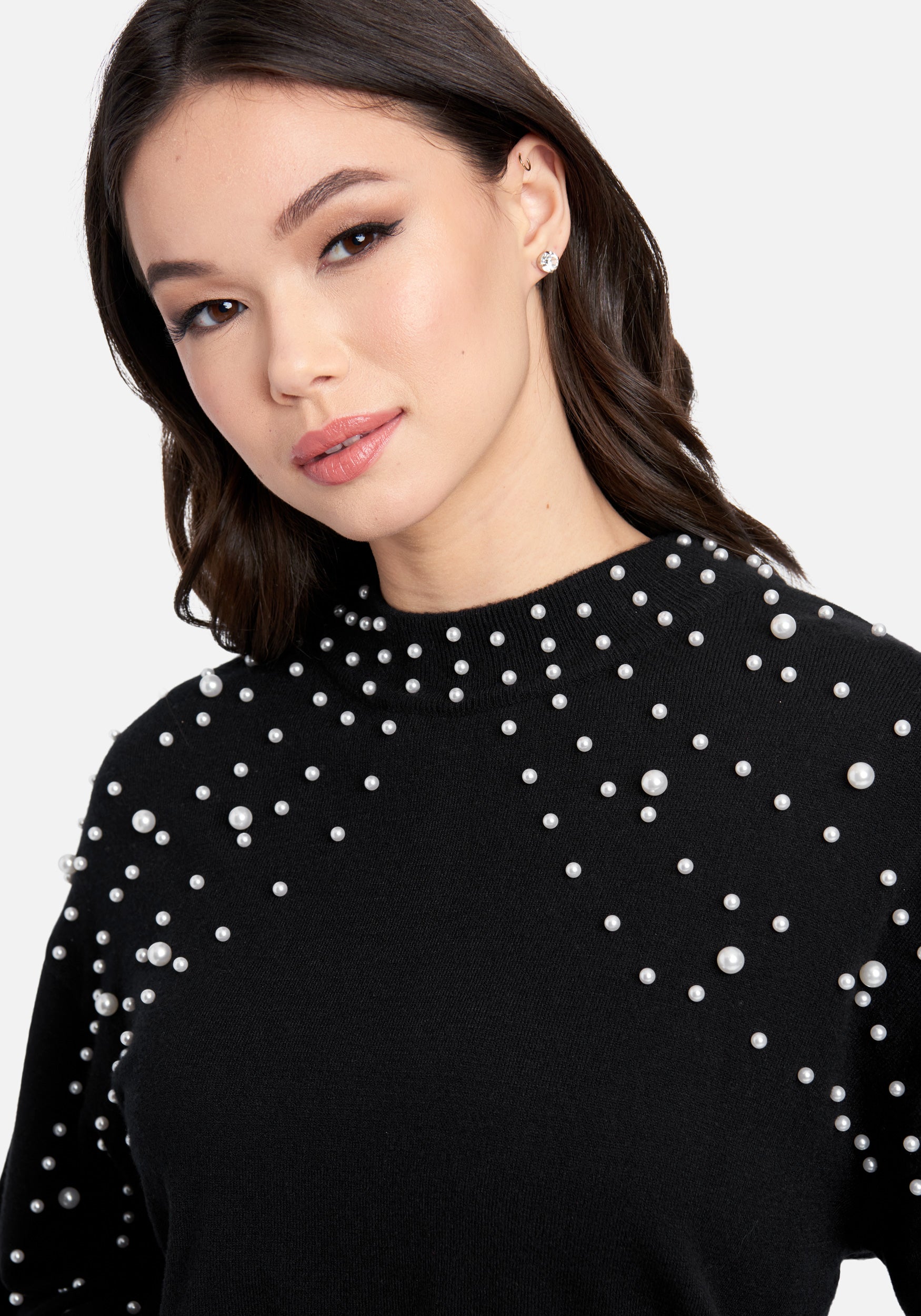 Pearl Detail Long Sleeve Mock Neck Sweater