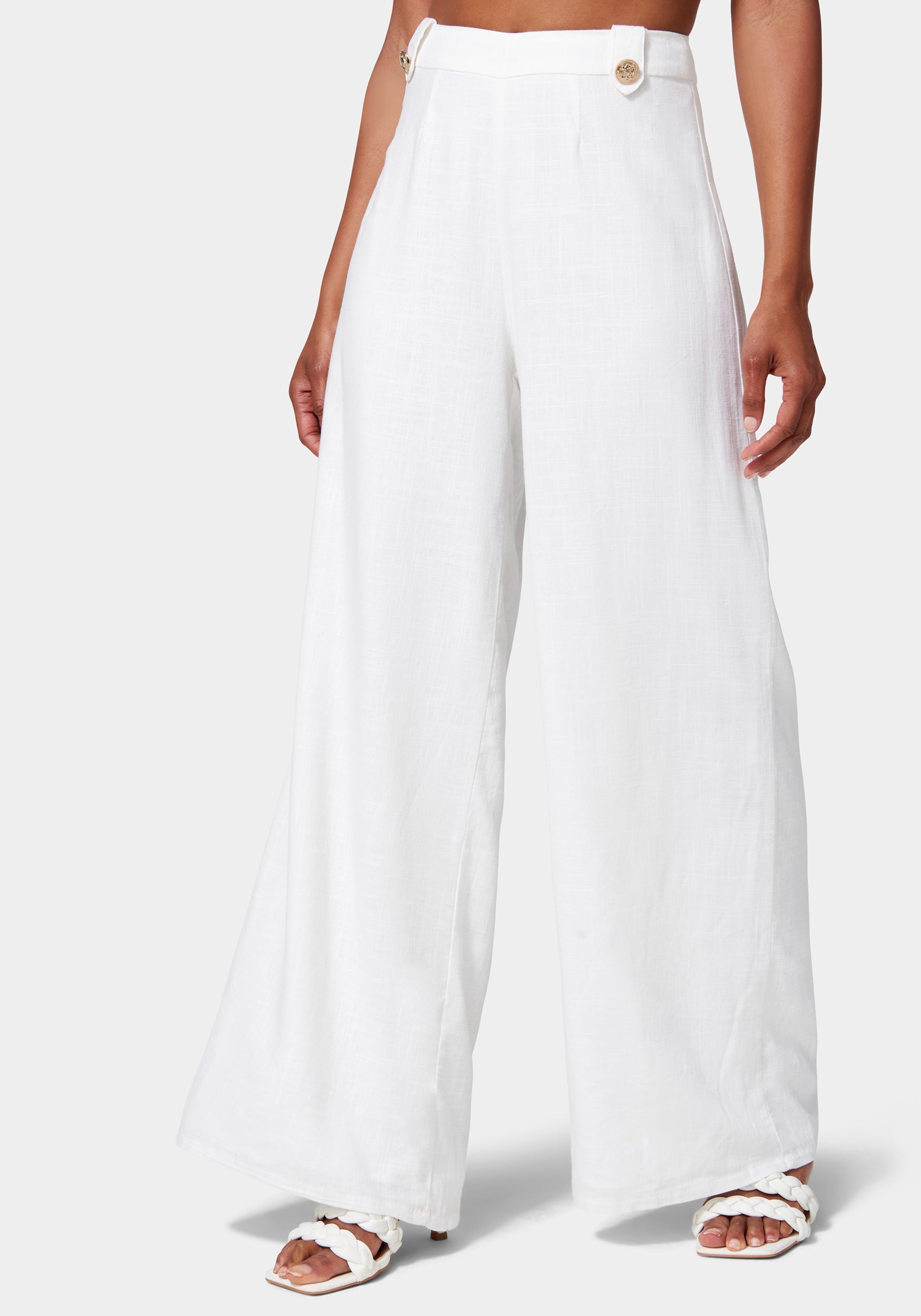Linen Blend Button Detail Wide Leg Pant