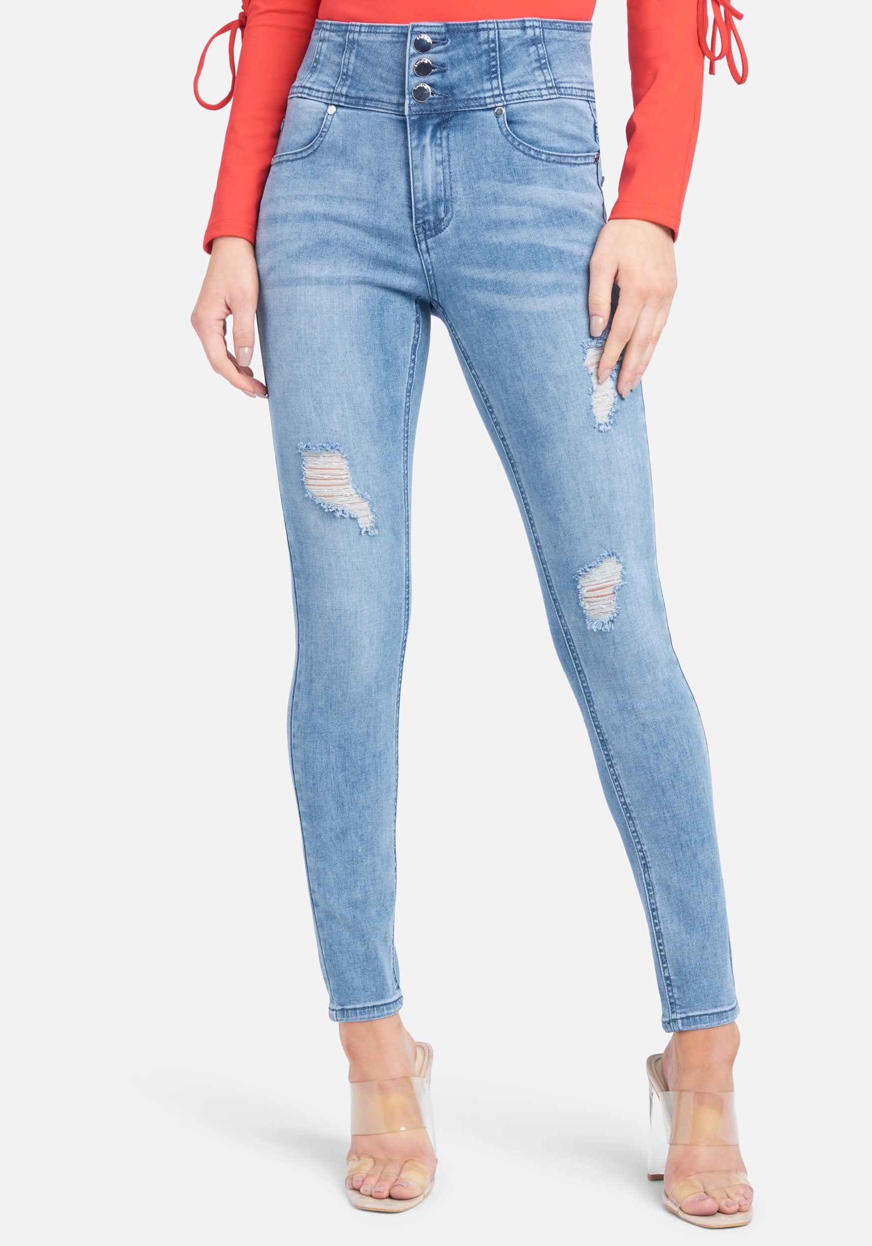Exposed Button High Waist Skinny Jeans