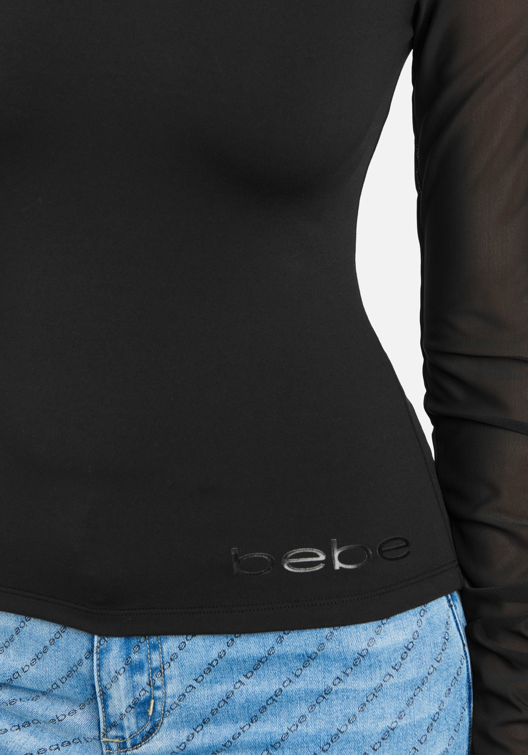 Bebe Logo Mesh Ruched Sleeve Top
