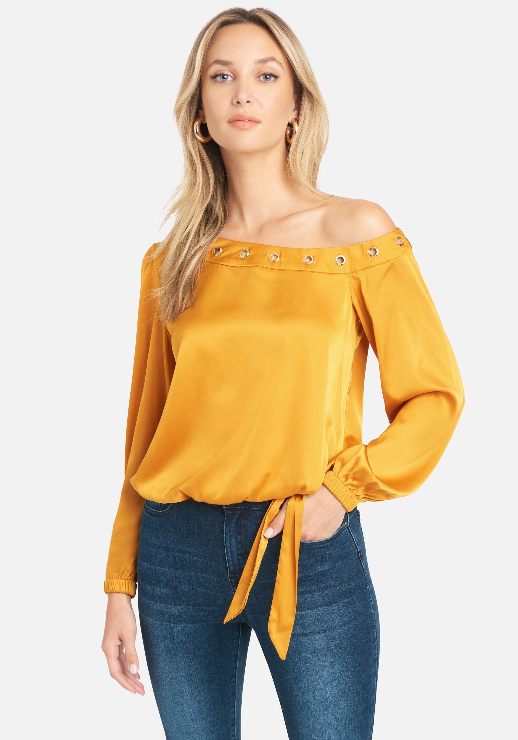 Off Shoulder Grommet Detail Satin Blouse