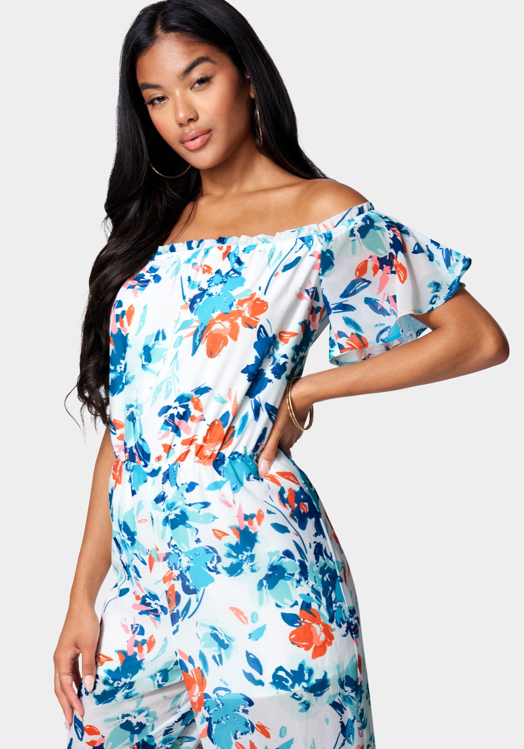 Printed Off Shoulder Slit Leg Jumpsuit